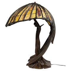 Art Deco Bronze Stained Glass Table Lamp After Peter Behrens