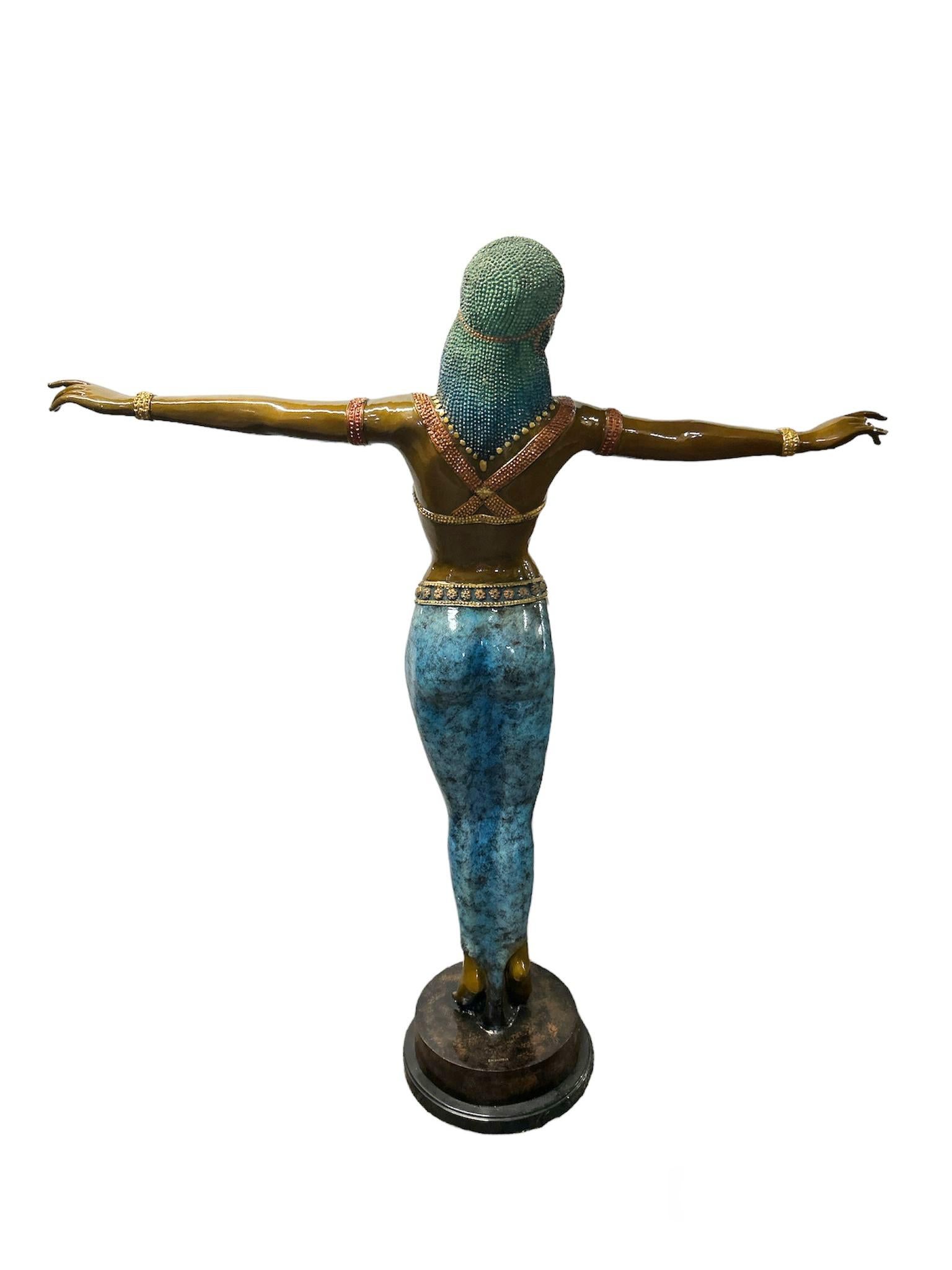 Wonderful art deco bronze statue after DH Chiparus
Good size at over five feet tall - 154 CM
Bronze casting has a wonderful patina with polychrome finish 
Of course being bronze this can live outside with no fear of rusting
DH Chiparus - working out