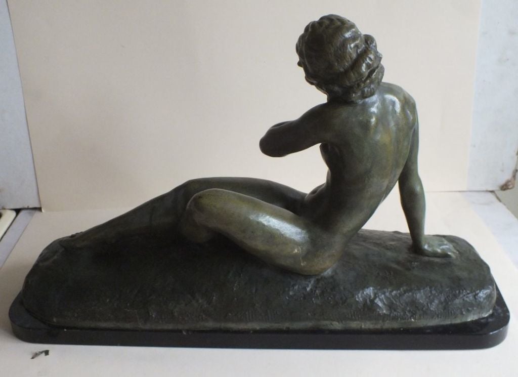 Beautiful and large size bronze by important Art Deco sculptor Cipriani, in lovely green patina. Very beautiful stylized classic reclining nude, with masterfully executed details. Look closely at her lovely face, posture, fingers and feet. She is an