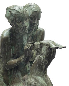 Art Deco Bronze statue of a Nymph and nude girl feeding a Doe, signed Blundstone