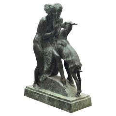 Art Deco Bronze statue of a Nymph and nude girl feeding a Doe, signed Blundstone