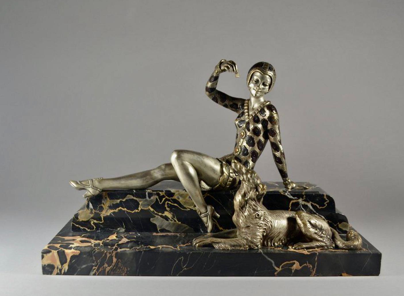 Mid-20th Century Art Deco Bronze Statue Woman & Borzoi Dog by Molins