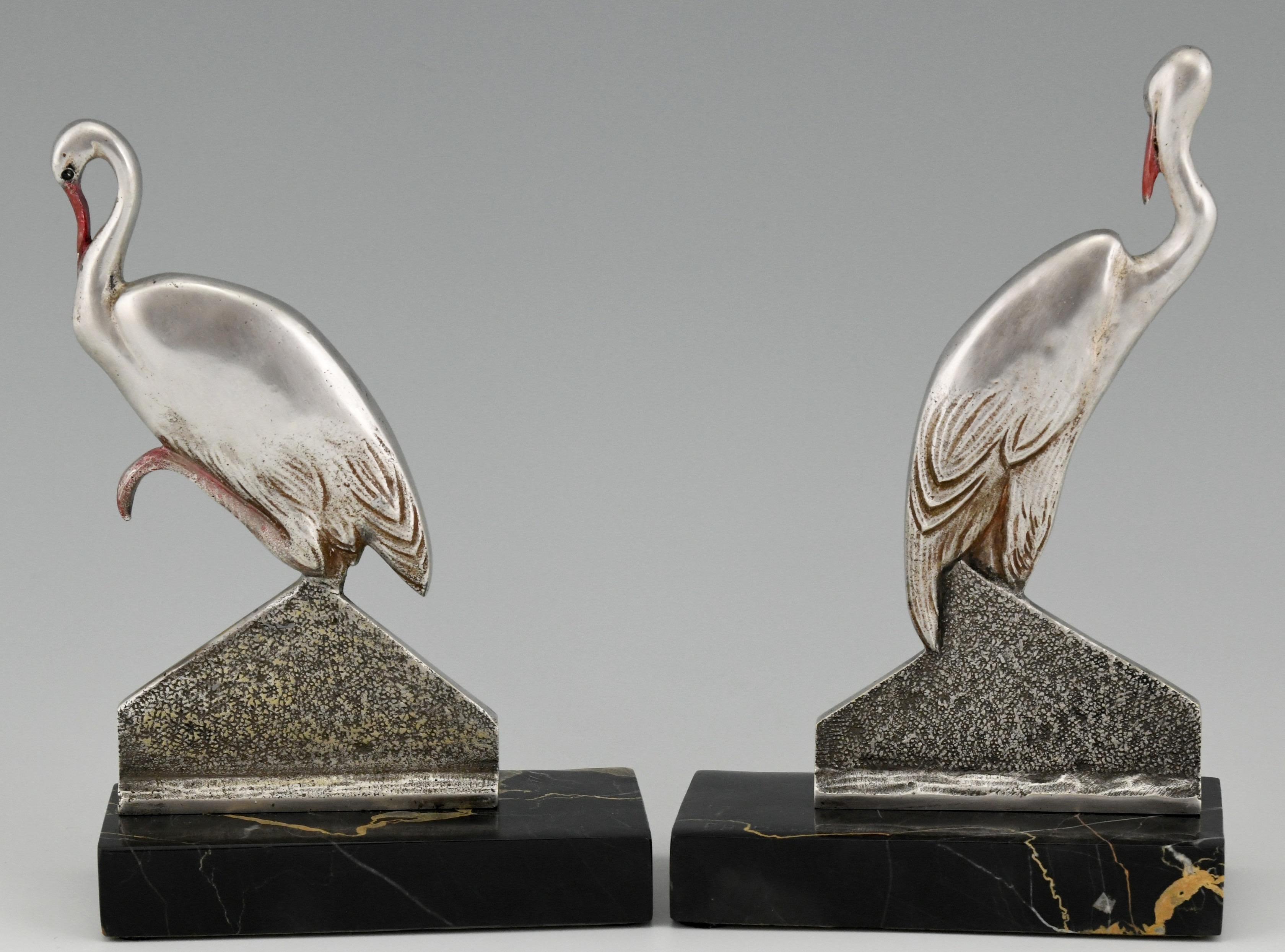 French Art Deco Bronze Stork Bird Bookends Danvin, France, 1930
