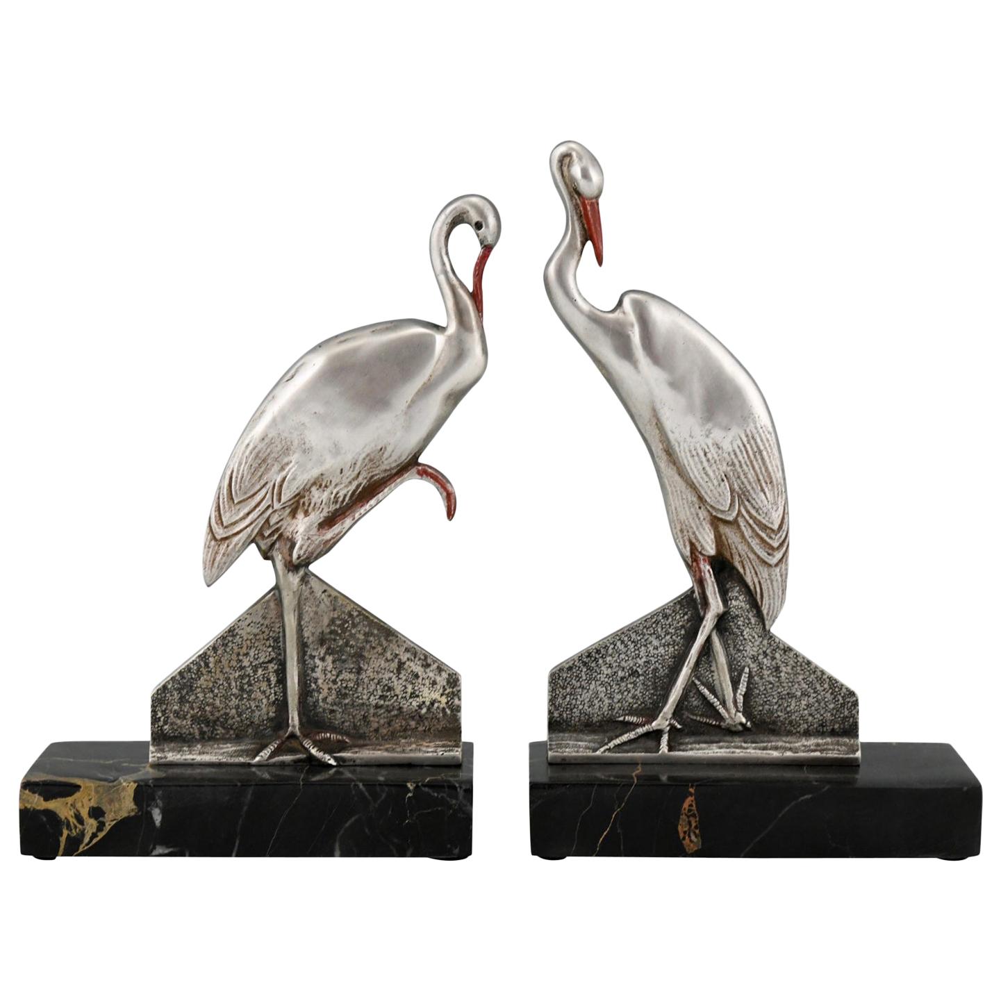 Art Deco Bronze Stork Bird Bookends Danvin, France, 1930