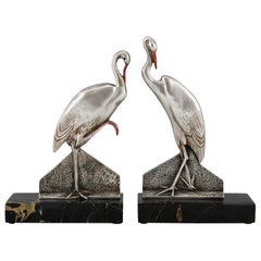 Vintage Art Deco Bronze Stork Bird Bookends Danvin, France, 1930