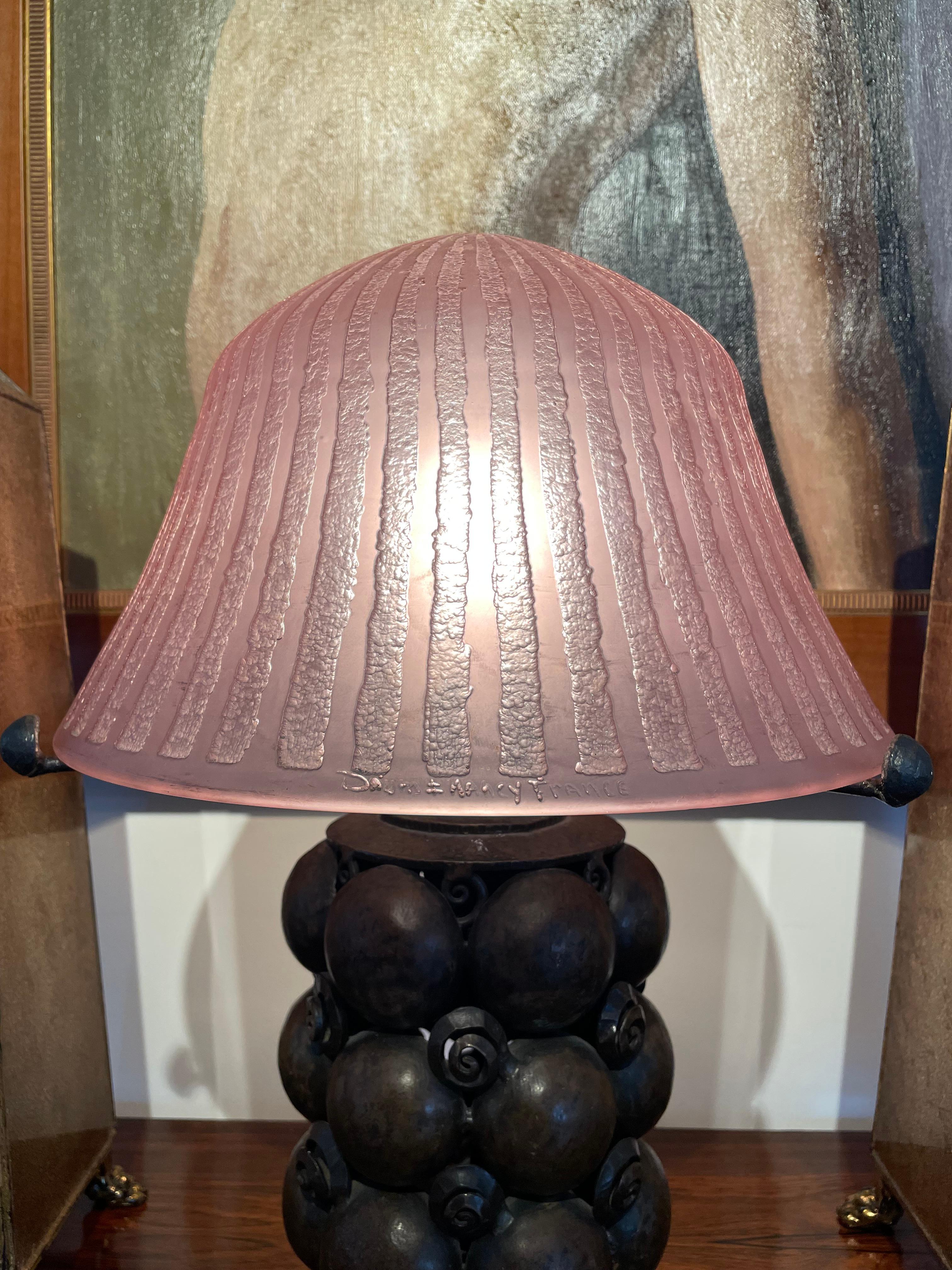 French Art Deco Bronze Table Lamp Attributed to Edgar Brandt with Daum Nancy Shade For Sale