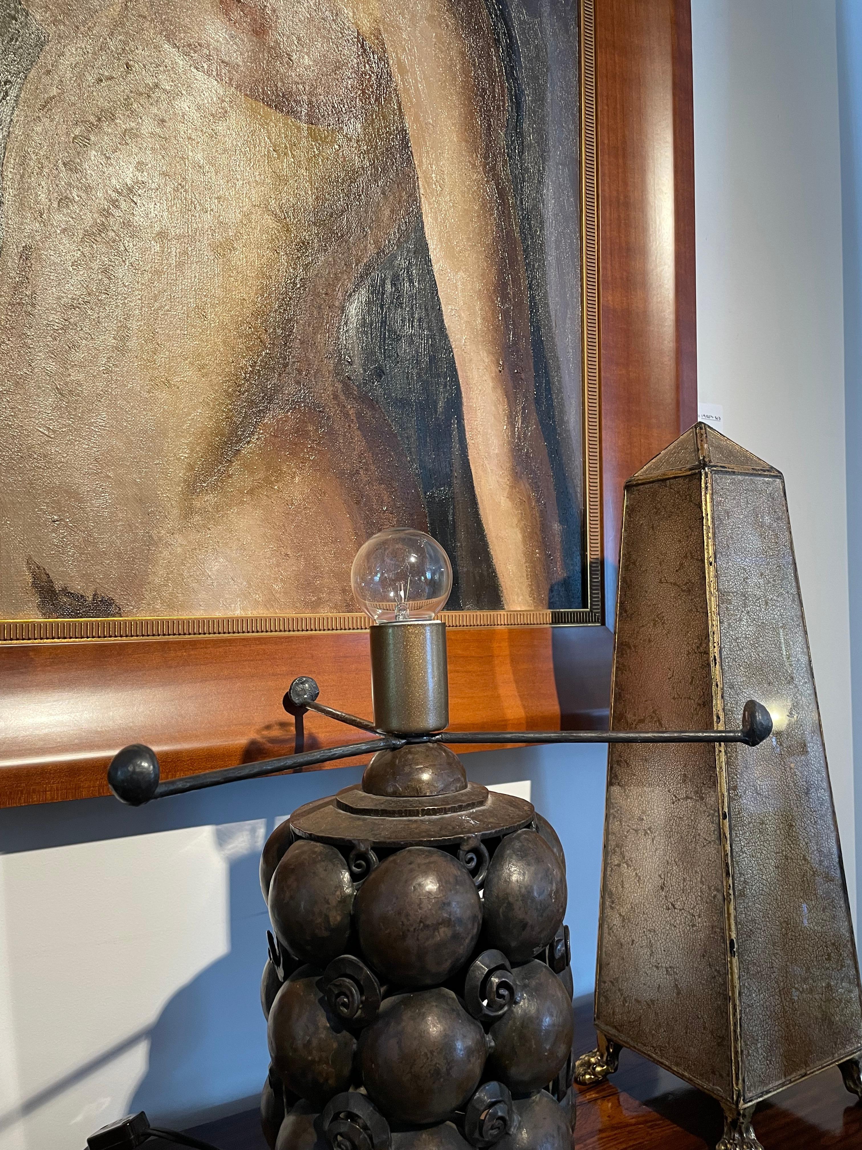 Cast Art Deco Table Lamp Attributed to Edgar Brandt with Daum Nancy Shade For Sale