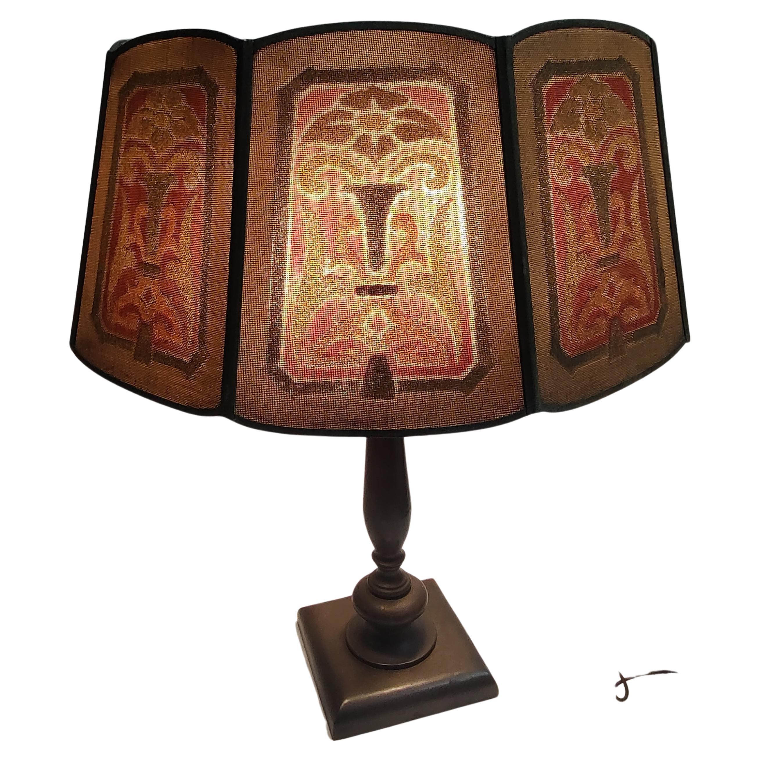 Art-Déco-Tischlampe aus Bronze mit stilisiertem Metallgeflechtschirm aus Metall, Arts and Crafts (Gegossen) im Angebot