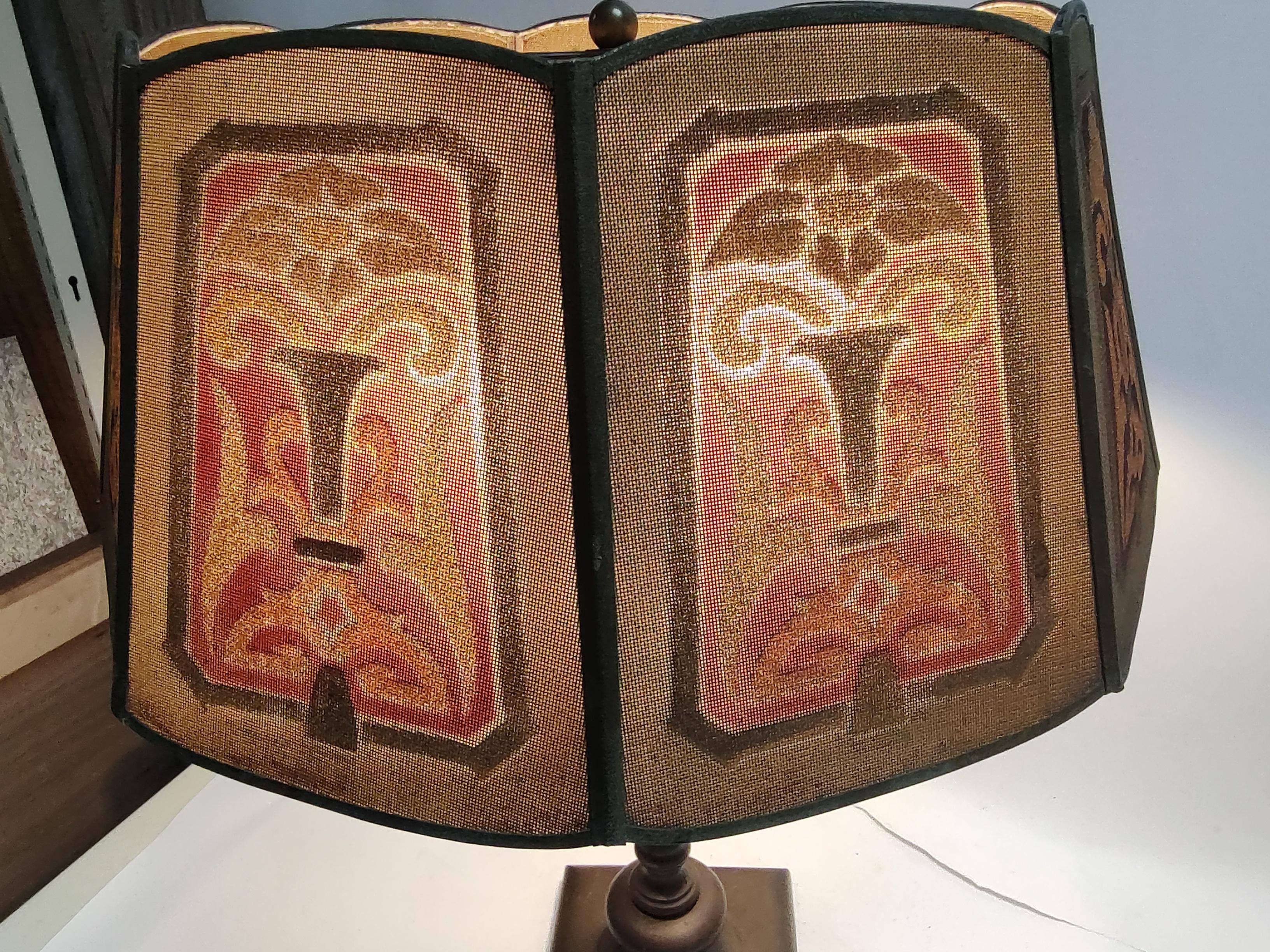Cast Art Deco Bronze Table Lamp with Stylized Metal Mesh Shade Arts & Crafts For Sale