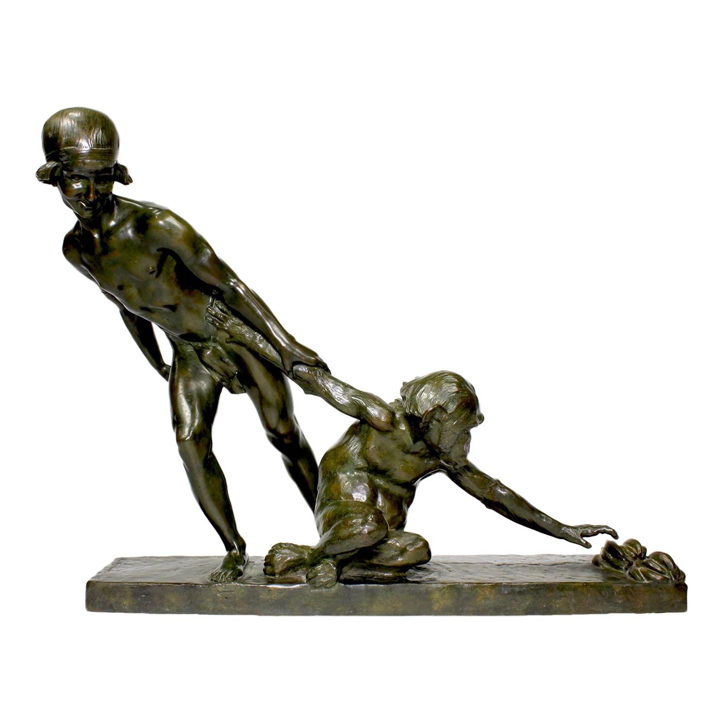 Bronze Art déco "The Forbidden Fruits" Fille & Chimpanzé d'après Jean Verschneider