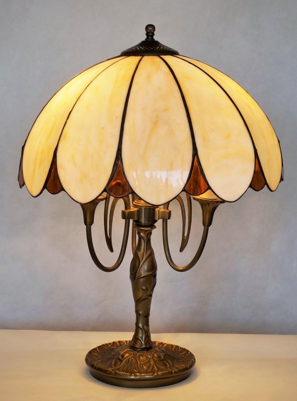 Art Nouveau Art Deco Bronze Three-Light Table Lamp with Bent Slag Glass Shade, 1910-1920