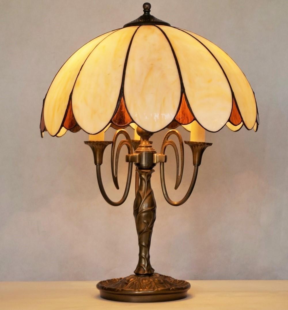 French Art Deco Bronze Three-Light Table Lamp with Bent Slag Glass Shade, 1910-1920