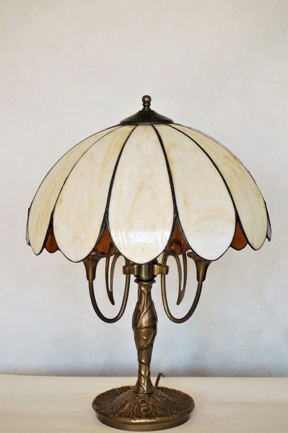 20th Century Art Deco Bronze Three-Light Table Lamp with Bent Slag Glass Shade, 1910-1920