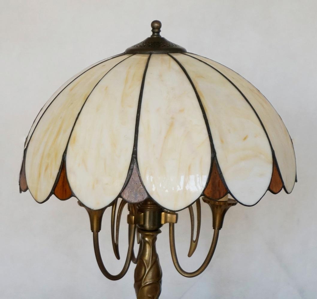 Art Deco Bronze Three-Light Table Lamp with Bent Slag Glass Shade, 1910-1920 1
