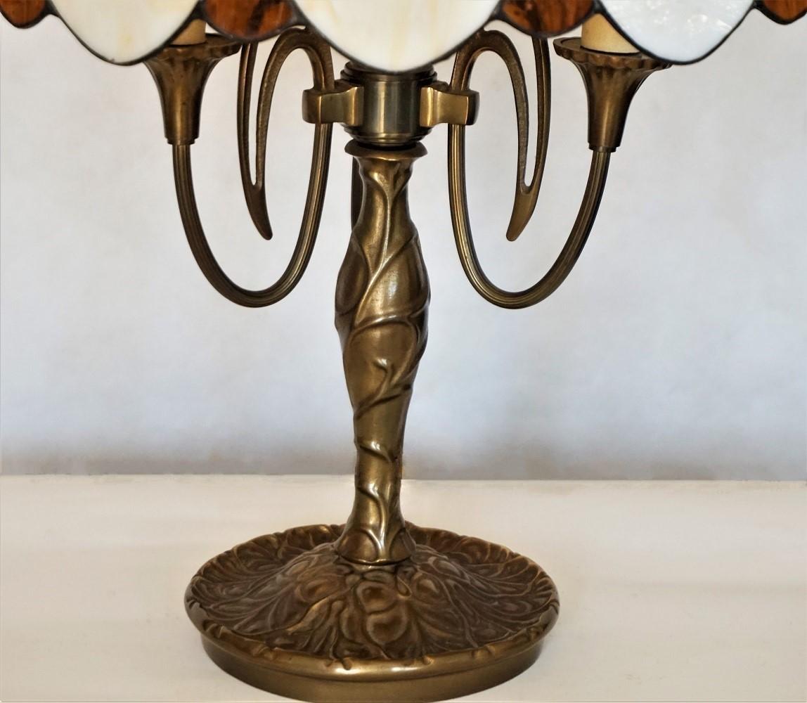 Art Deco Bronze Three-Light Table Lamp with Bent Slag Glass Shade, 1910-1920 2