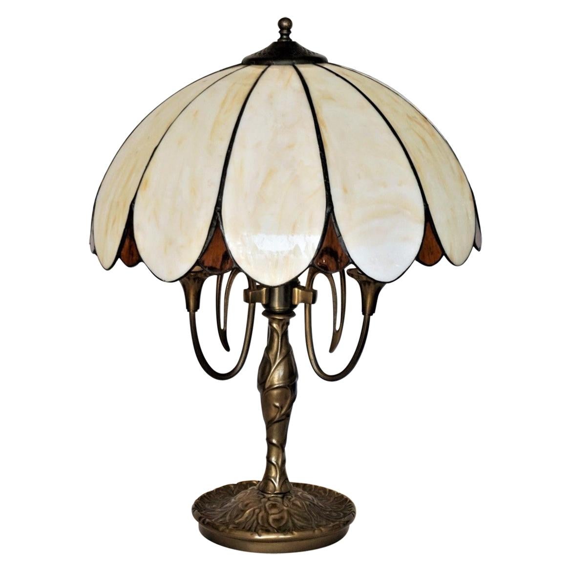 Art Deco Bronze Three-Light Table Lamp with Bent Slag Glass Shade, 1910-1920