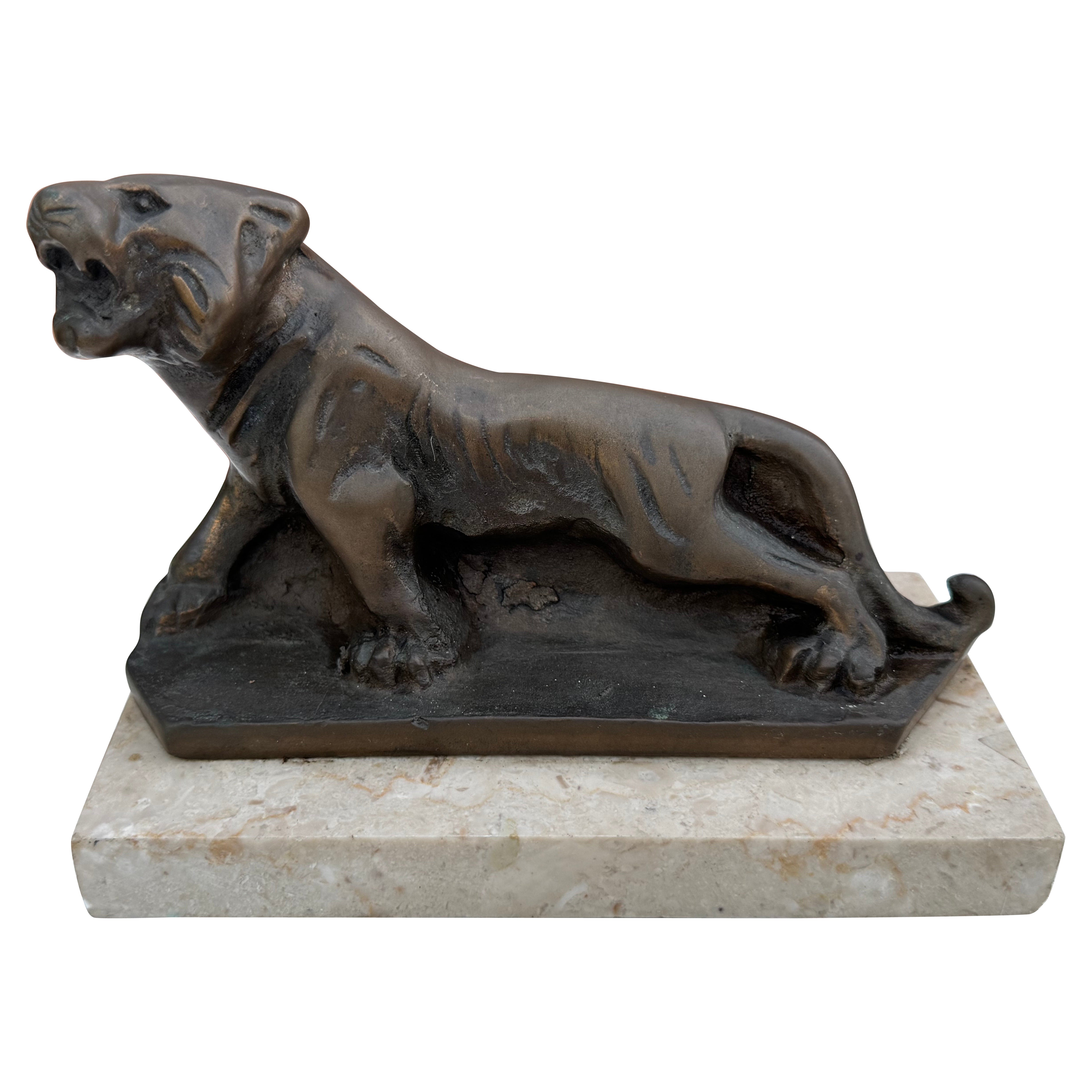 Art Deco Bronze Tiger Sculpture on Marble Base, circa 1930s For Sale