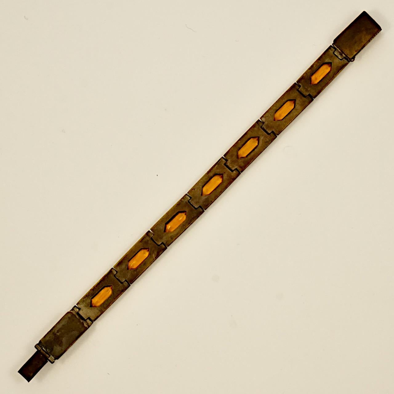 Art Déco Bracciale ornato Art Deco in bronzo con ambra e strass trasparenti A Link in vendita