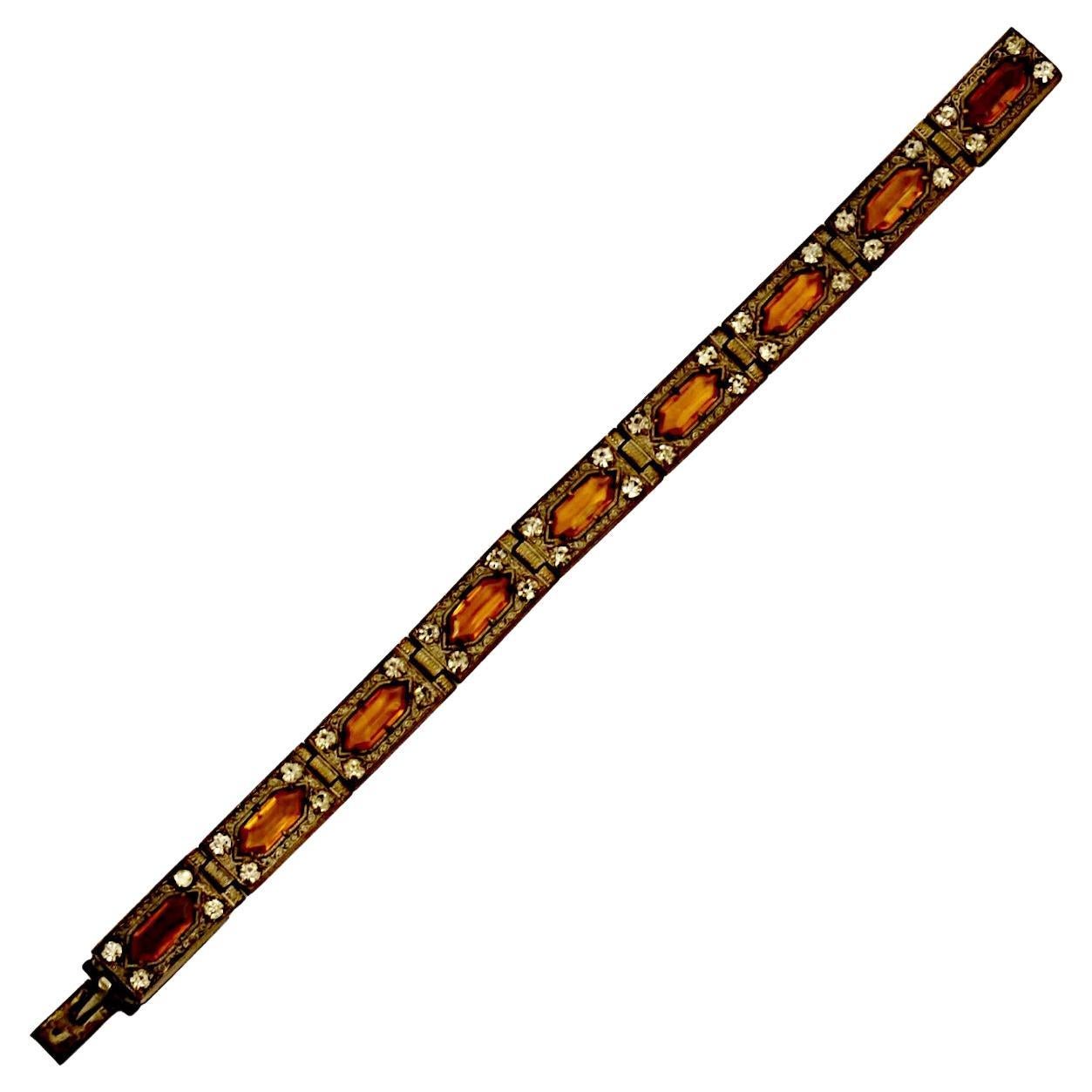 Art Deco Bronze Tone Amber and Clear Rhinestone Ornate Link Bracelet