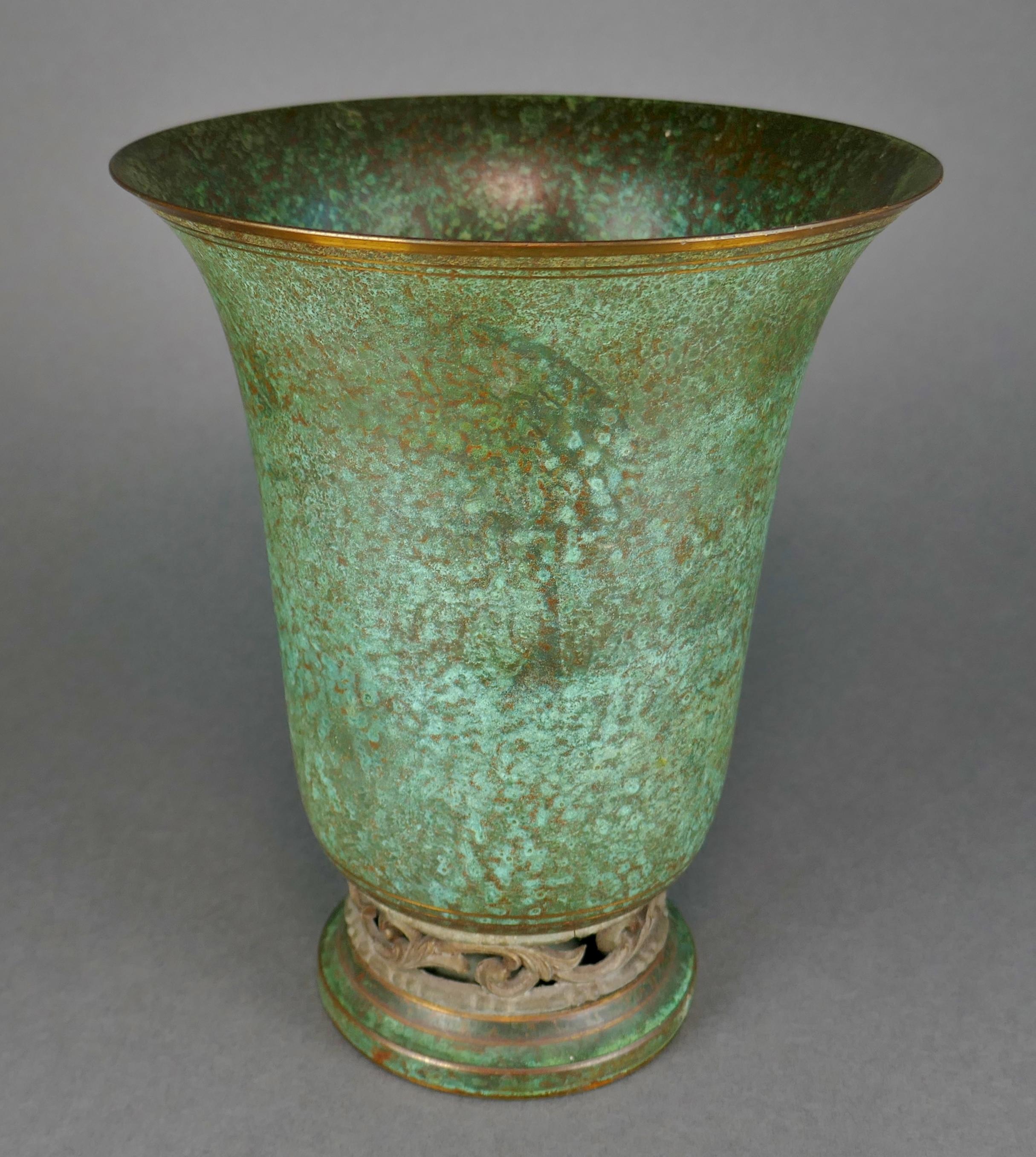 Art Deco Bronze Vase With Green Verdigris Patina Signed by Carl Sorensen. 