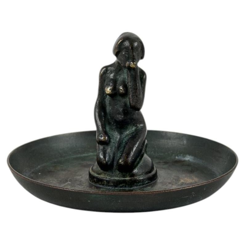Art Deco Bronze Vide-Poche with Seated Female Figure, Scandinavia, 1930s
