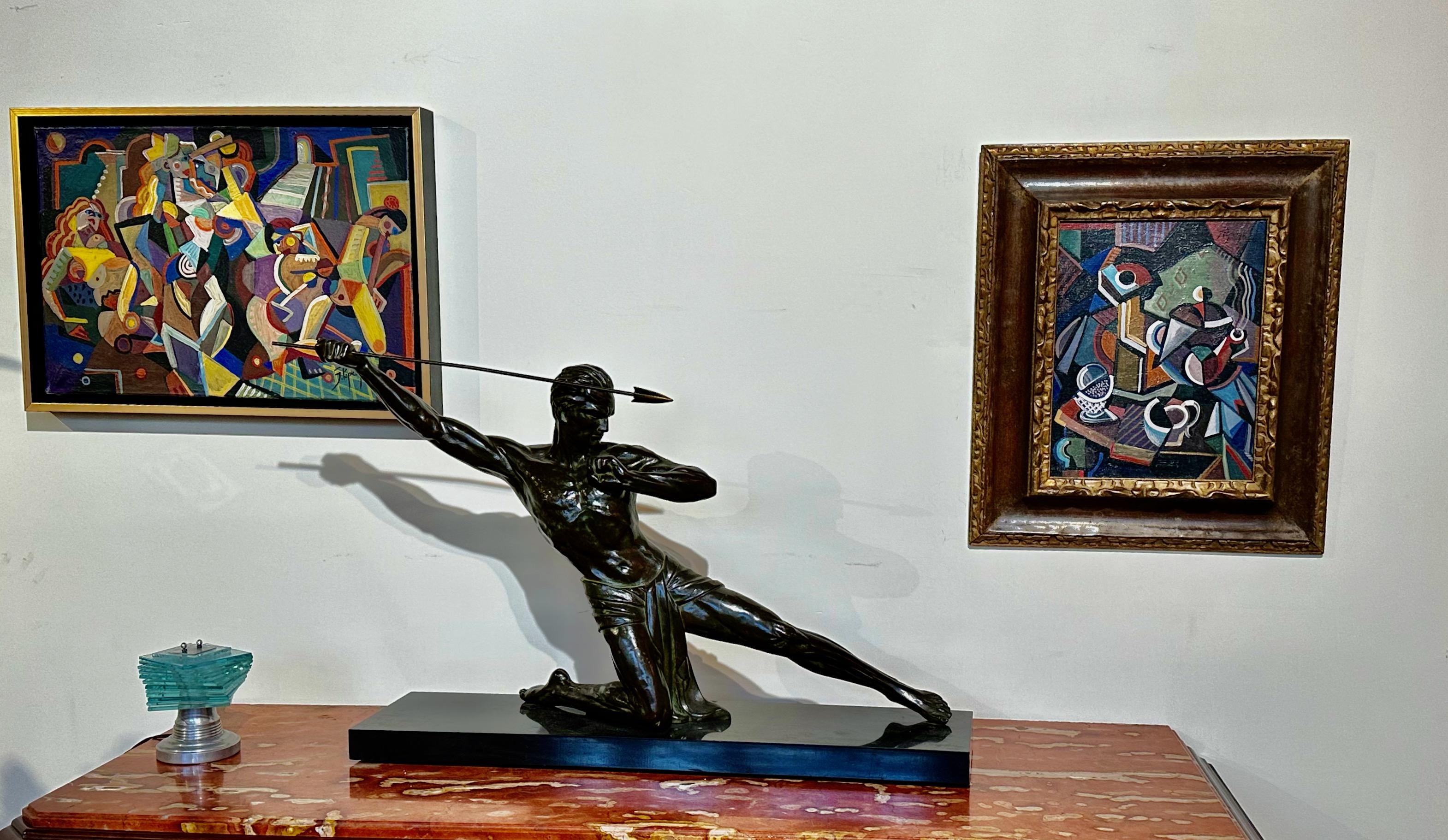 Art Deco Bronze Warrior Javelin Thrower by P. Hugonnet French 1930s For Sale 8