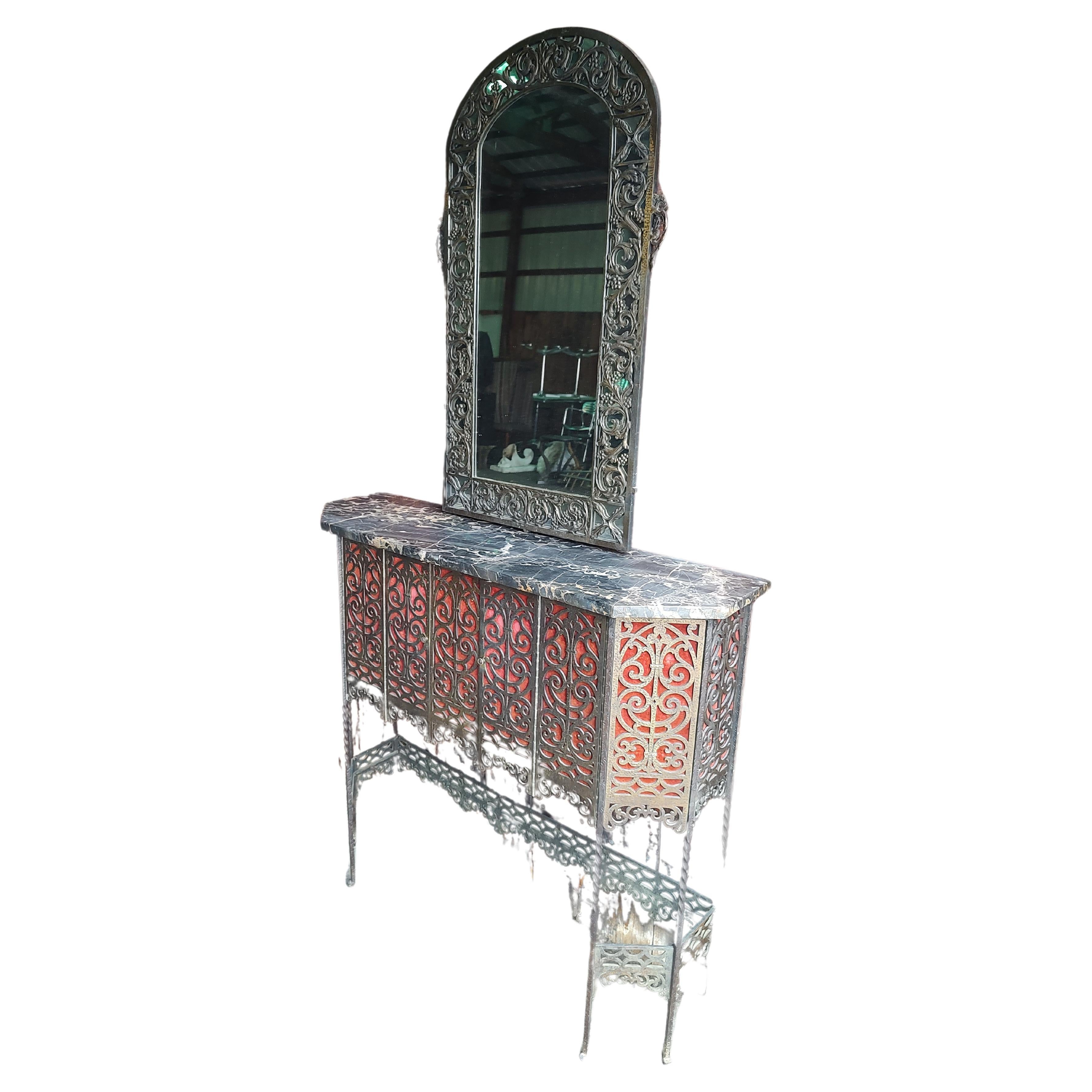 Art Deco Bronze with Portero Marble and Wall Mirror Attributed to Oscar Bach