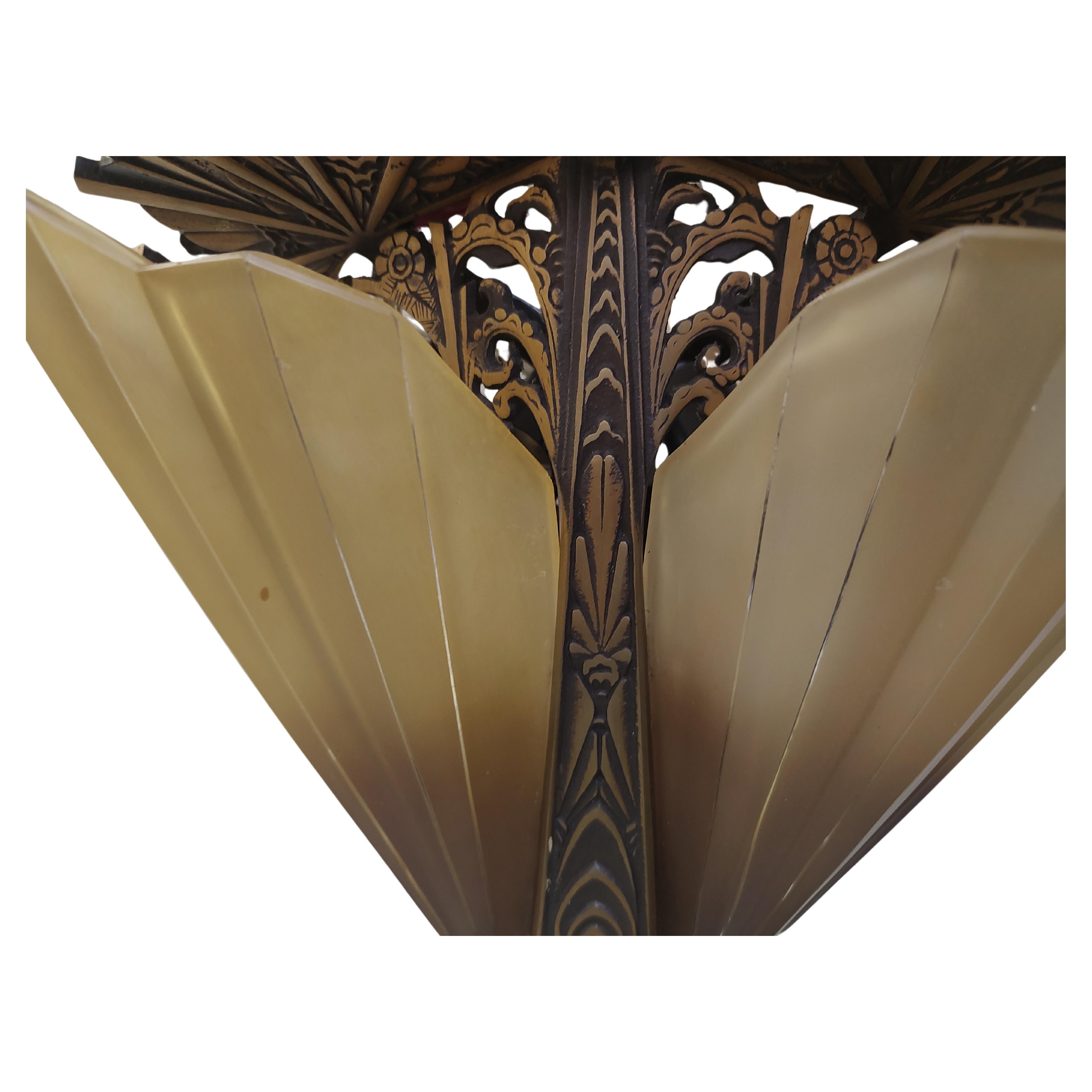 Fantastic flush mount Art Deco slip shade 5 light chandelier C1935. Bronzed Iron fixture which was stored away for years and then totally restored with new wiring & sockets. In excellent antique condition with minimal wear. Shades are near perfect.