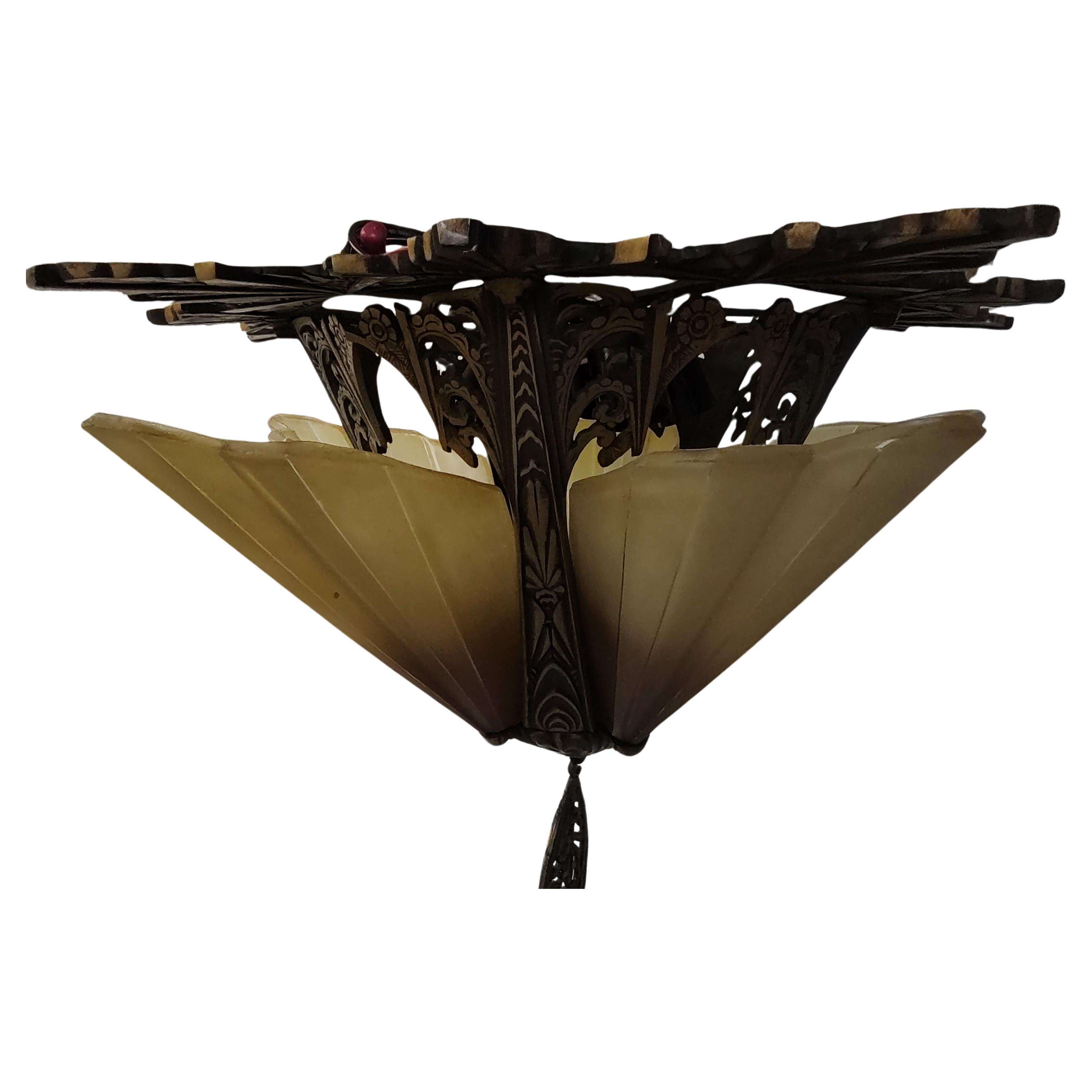 Mid-20th Century Art Deco Bronzed Iron 5 Light Slip Shade Flush Mount Chandelier