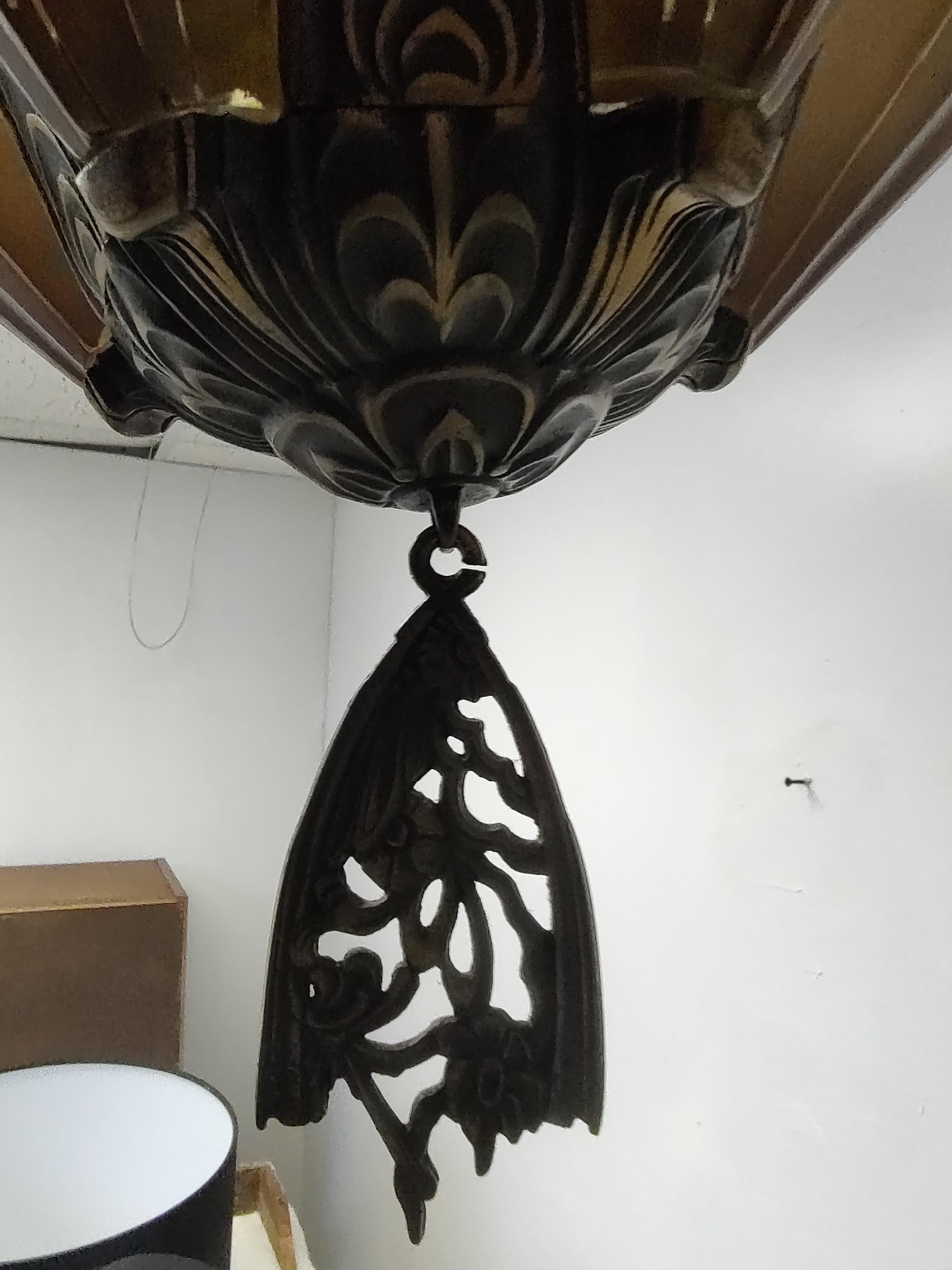 Art Deco Bronzed Iron 5 Light Slip Shade Flush Mount Chandelier For Sale 5