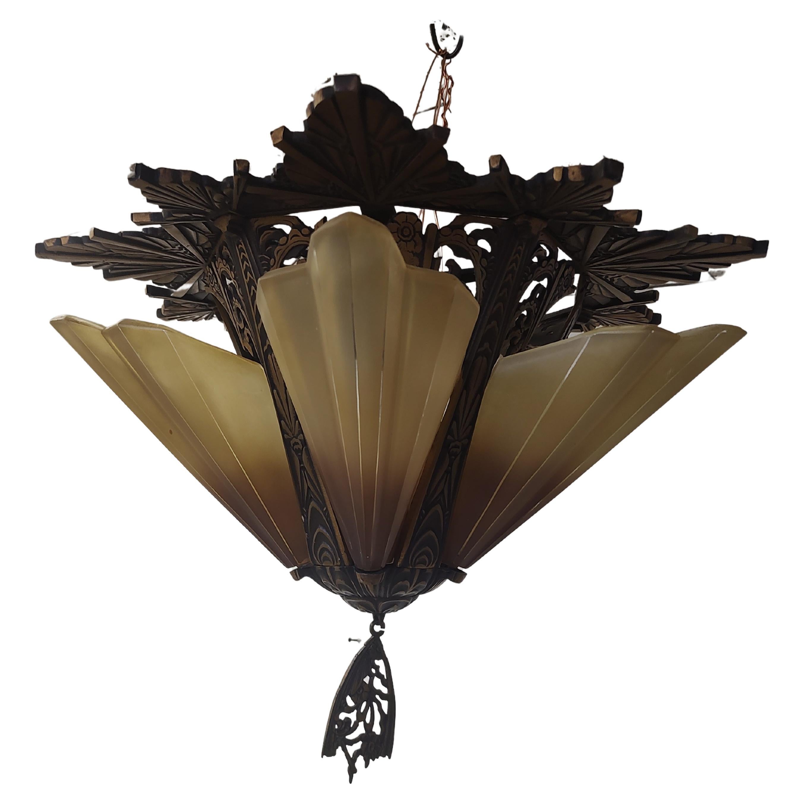 Art Glass Art Deco Bronzed Iron 5 Light Slip Shade Flush Mount Chandelier For Sale