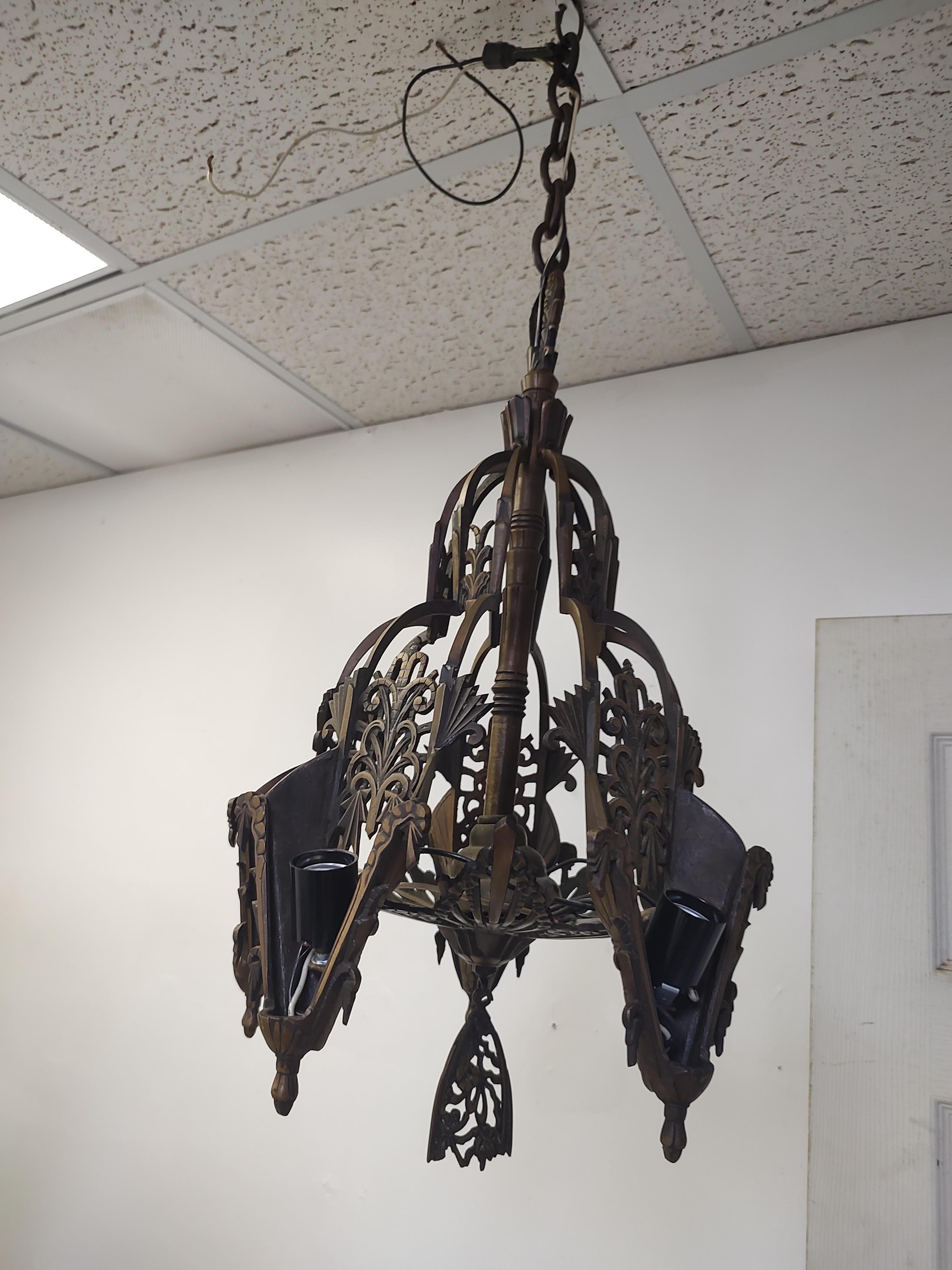 Art Deco Bronzed Iron 5 Light Slip Shade Hanging Chandelier For Sale 6