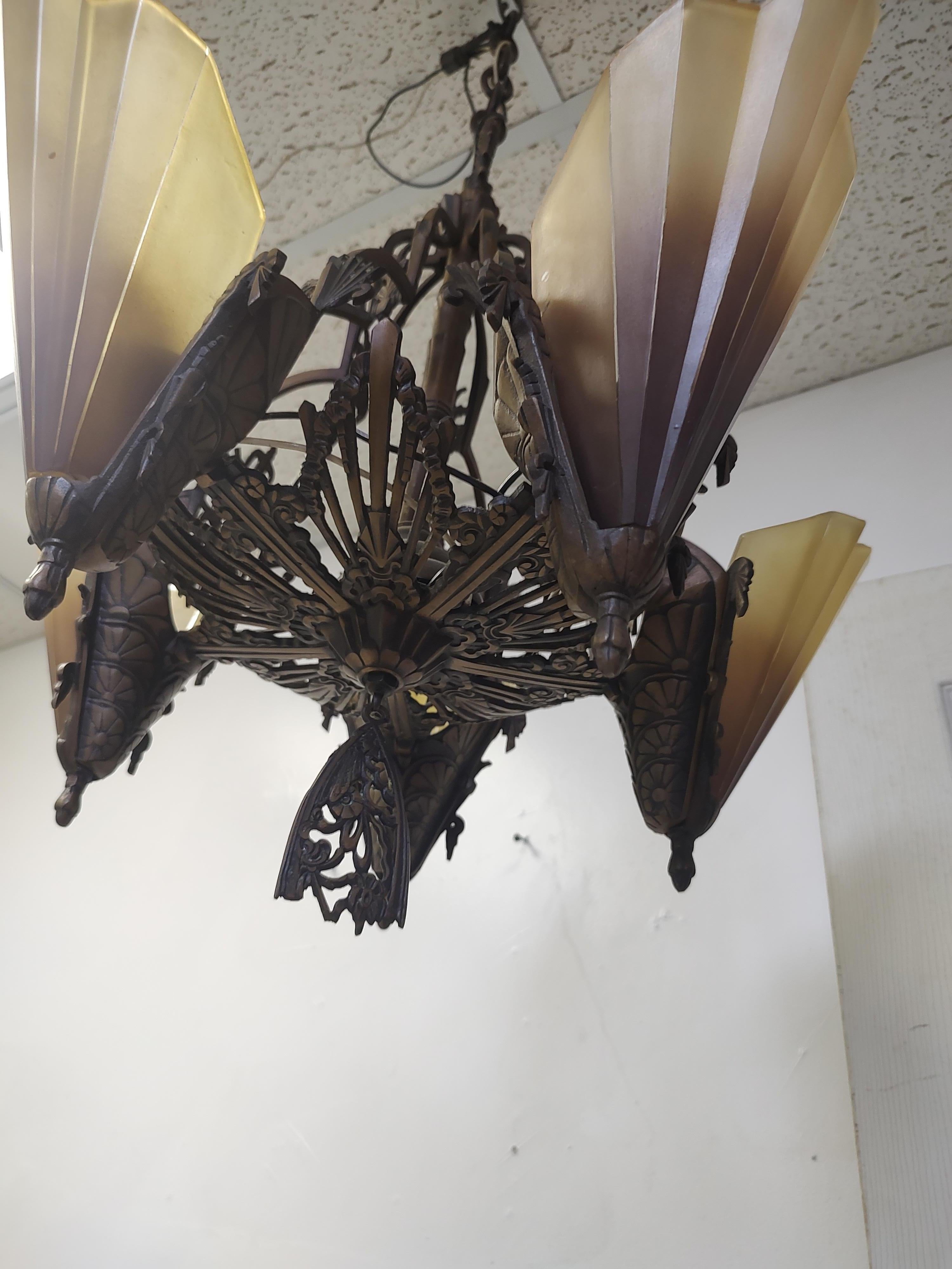 Art Deco Bronzed Iron 5 Light Slip Shade Hanging Chandelier For Sale 2