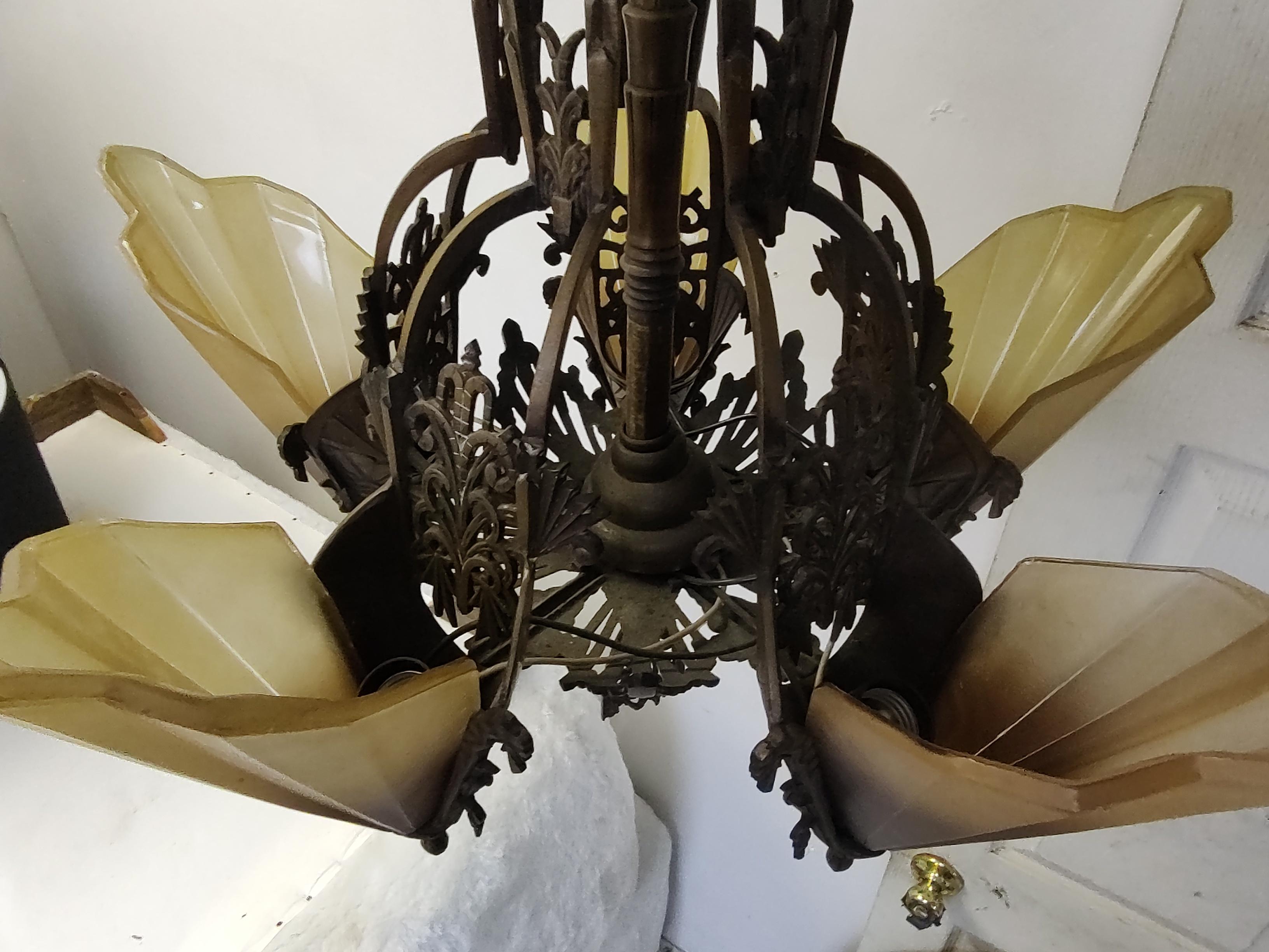Art Deco Bronzed Iron 5 Light Slip Shade Hanging Chandelier For Sale 3