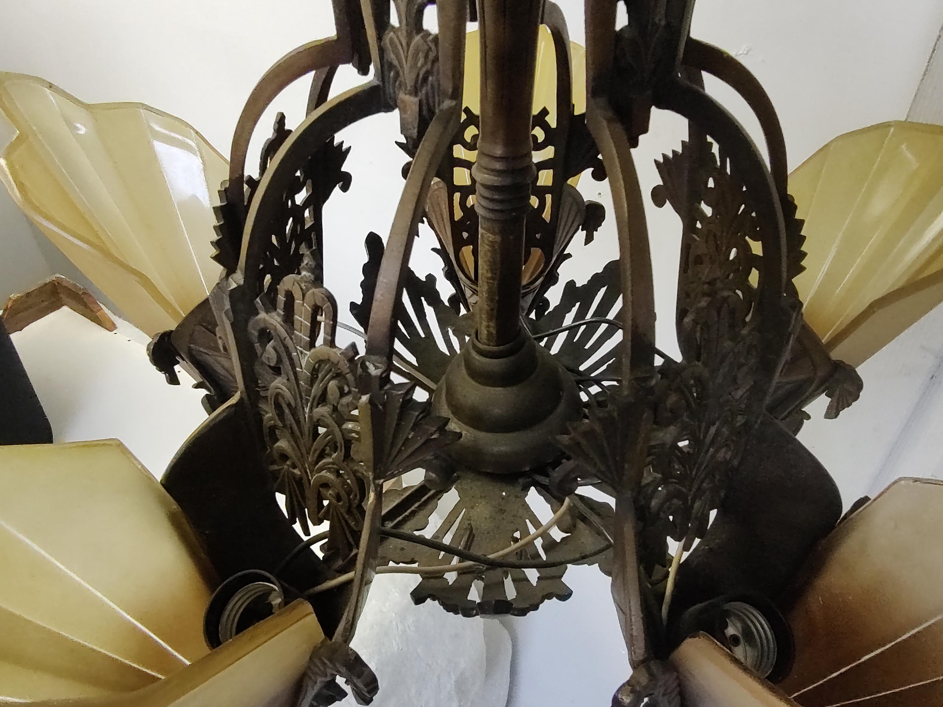 Art Deco Bronzed Iron 5 Light Slip Shade Hanging Chandelier For Sale 4