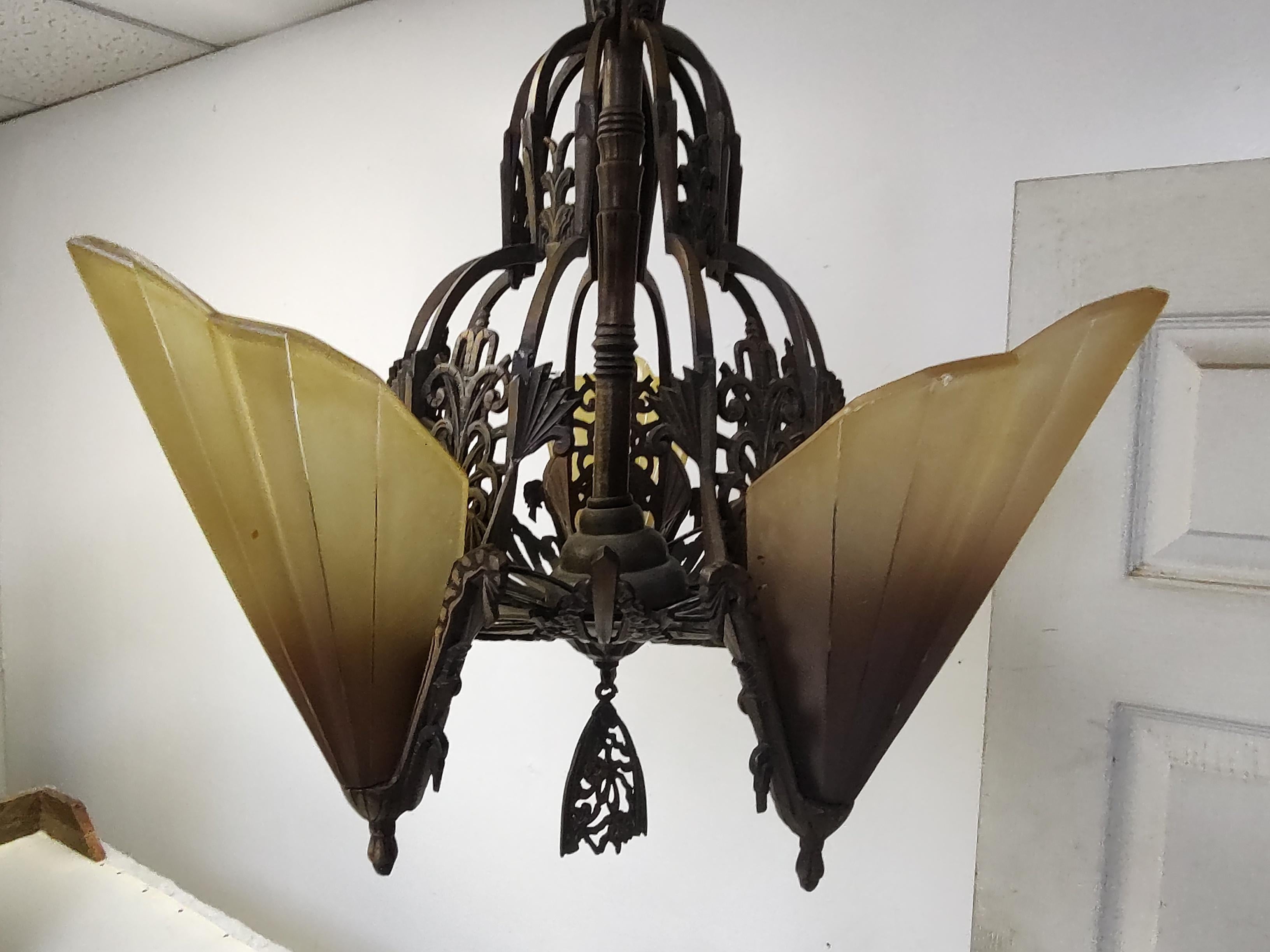 Art Deco Bronzed Iron 5 Light Slip Shade Hanging Chandelier For Sale 5