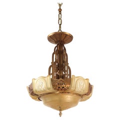 Art Deco Bronzed Iron Amber Slip Shade Chandelier 5 Light