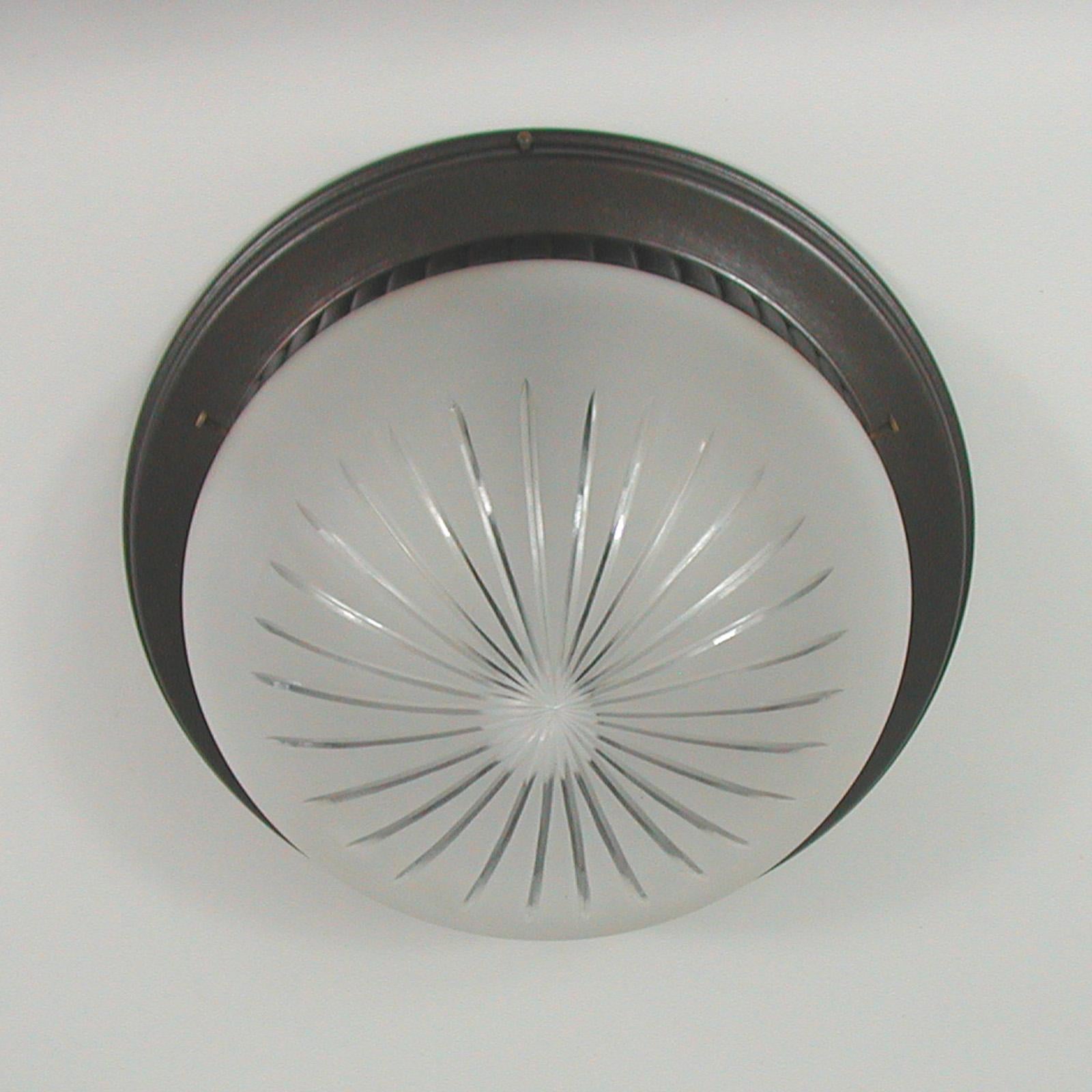 Art Deco Bronzed Metal and Satin Glass Flush Mount, Austria, 1910 to 1920 For Sale 5