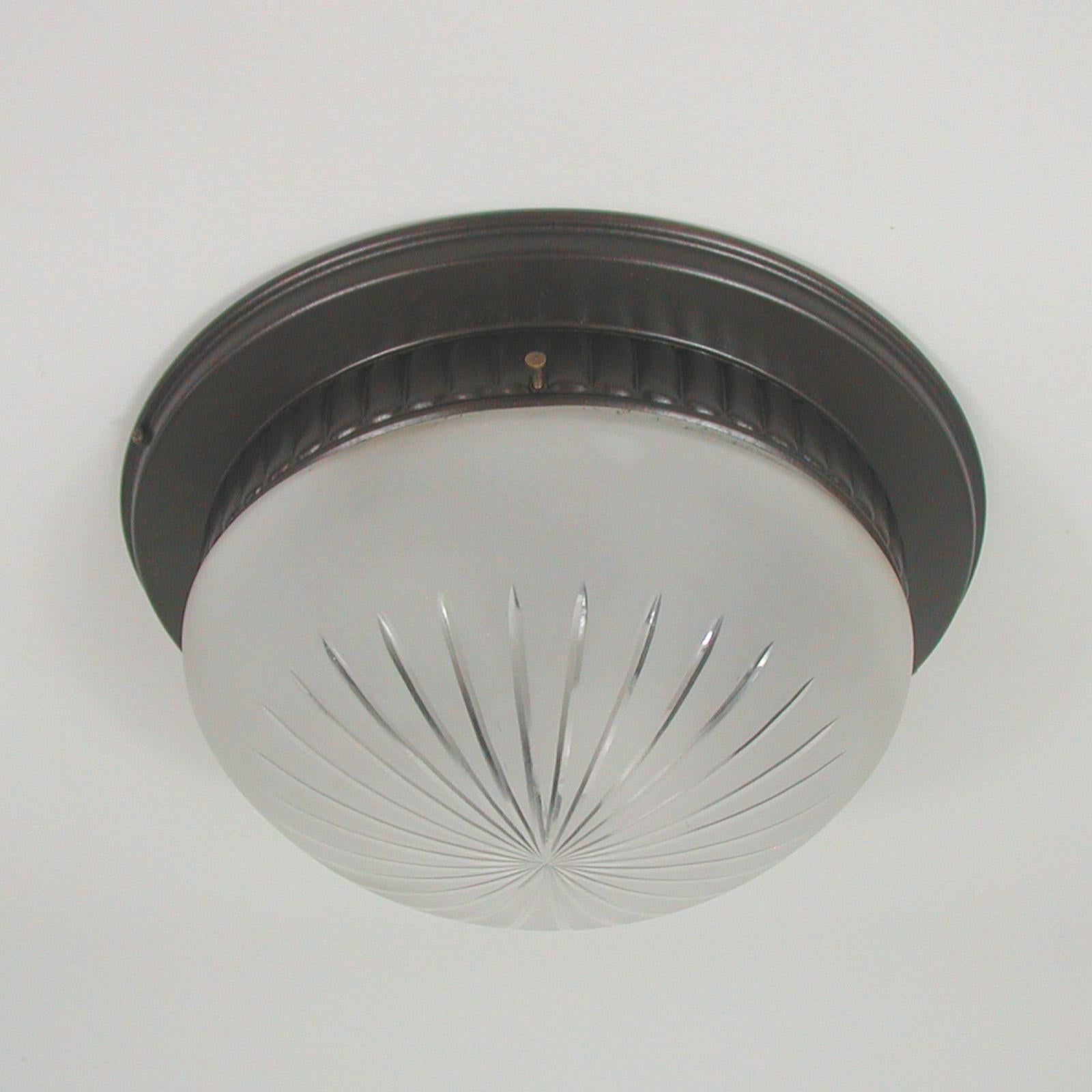 Art Deco Bronzed Metal and Satin Glass Flush Mount, Austria, 1910 to 1920 In Good Condition For Sale In NUEMBRECHT, NRW