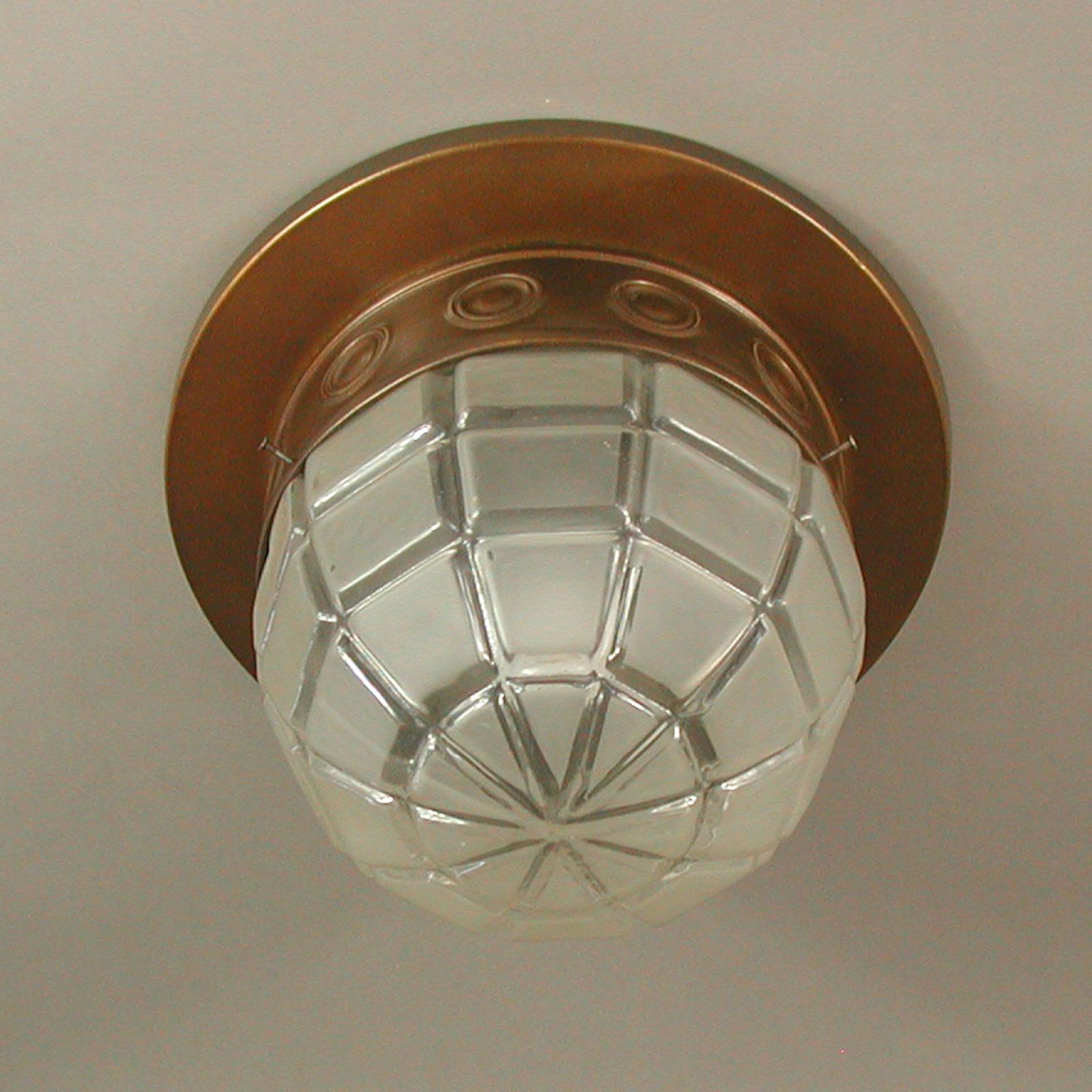 Early 20th Century Art Deco Bronzed Metal and Satin Glass Flush Mount, Austria 1910 to 1920