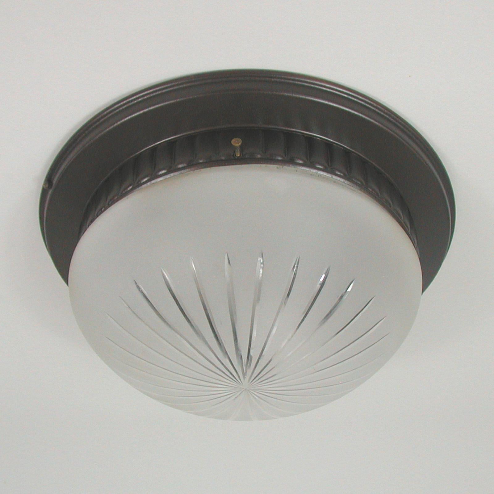Art Deco Bronzed Metal and Satin Glass Flush Mount, Austria, 1910 to 1920 For Sale 1