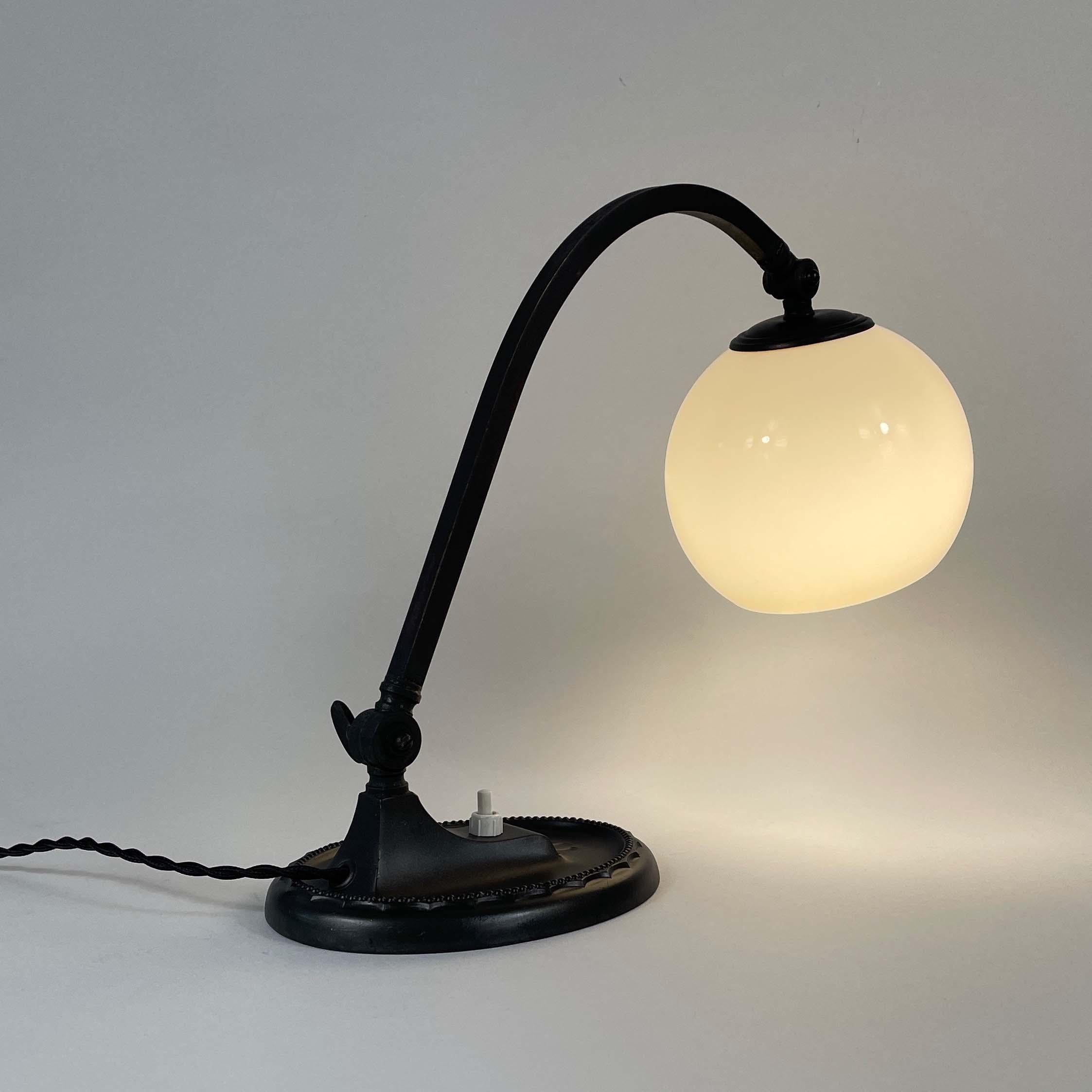 Art Deco Bronzed Metal & Opaline Glass Table Lamp, Germany 1920s to 1930s 7