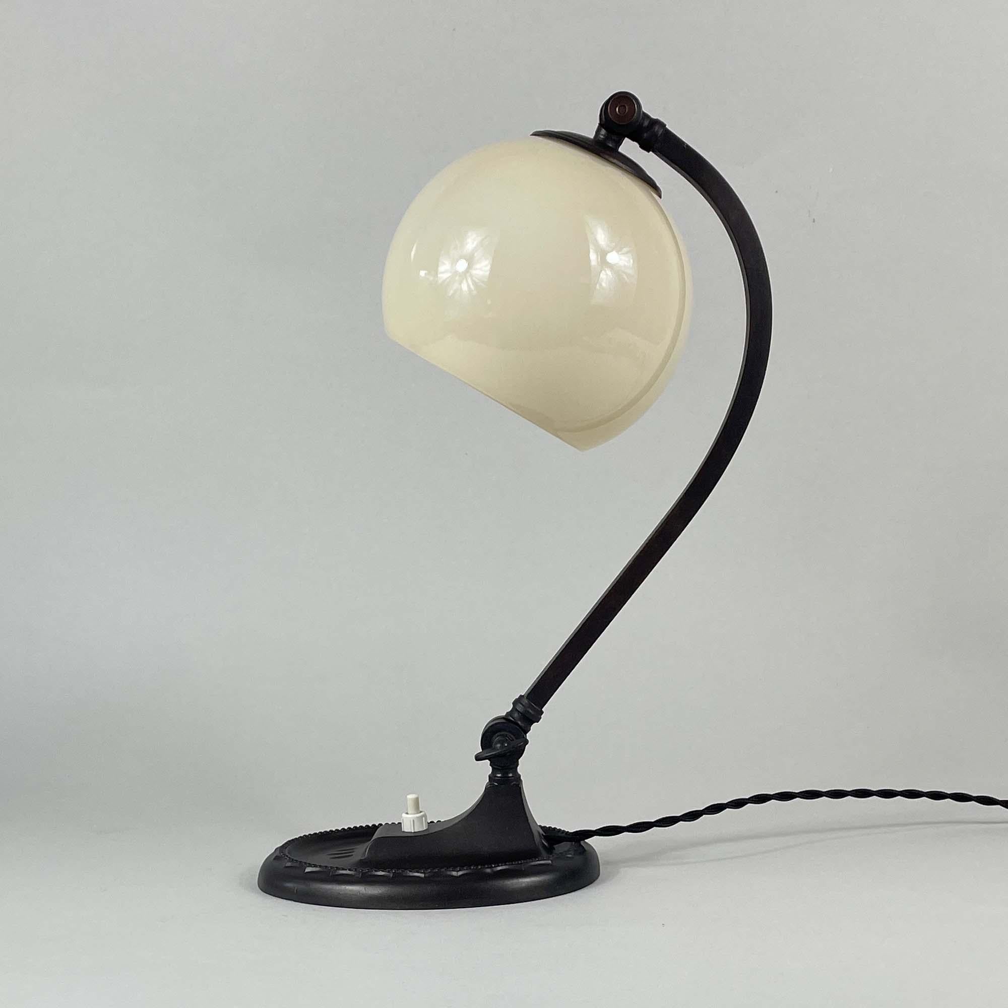 Art Deco Bronzed Metal & Opaline Glass Table Lamp, Germany 1920s to 1930s 8