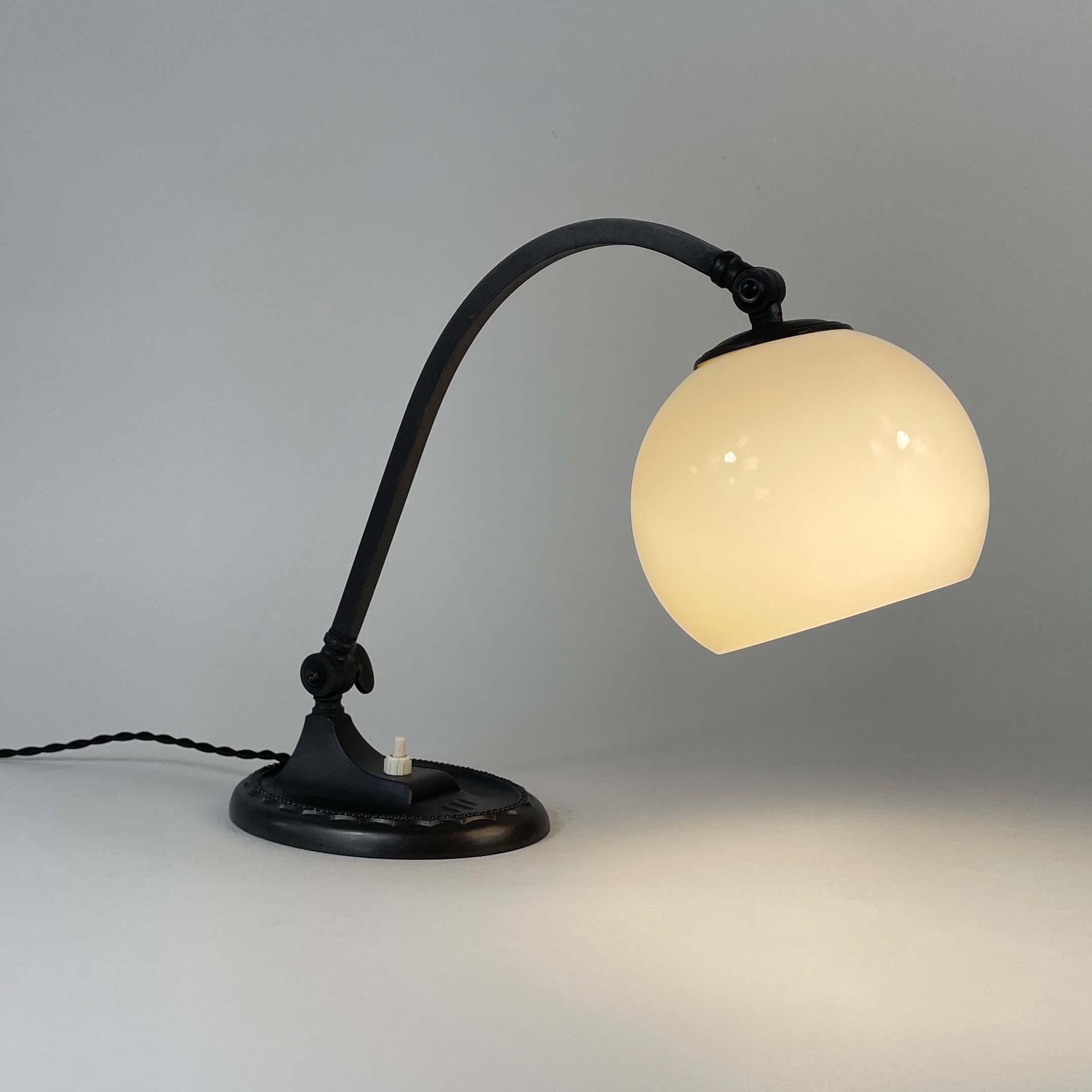 Art Deco Bronzed Metal & Opaline Glass Table Lamp, Germany 1920s to 1930s 9