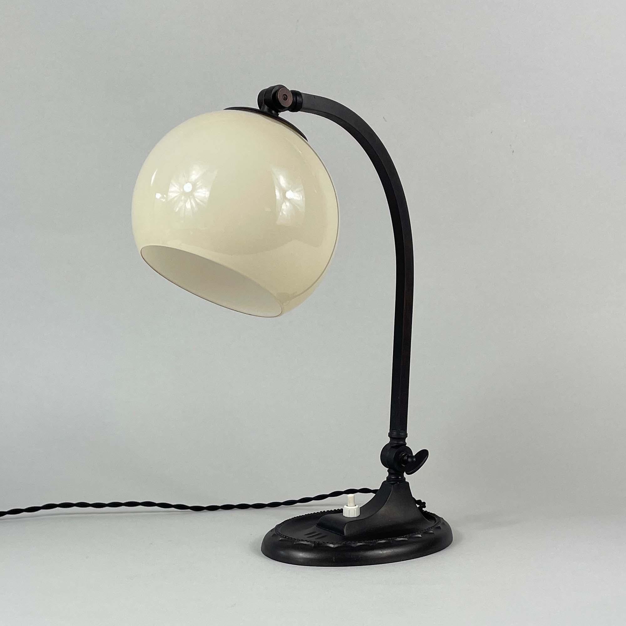 Early 20th Century Art Deco Bronzed Metal & Opaline Glass Table Lamp, Germany 1920s to 1930s