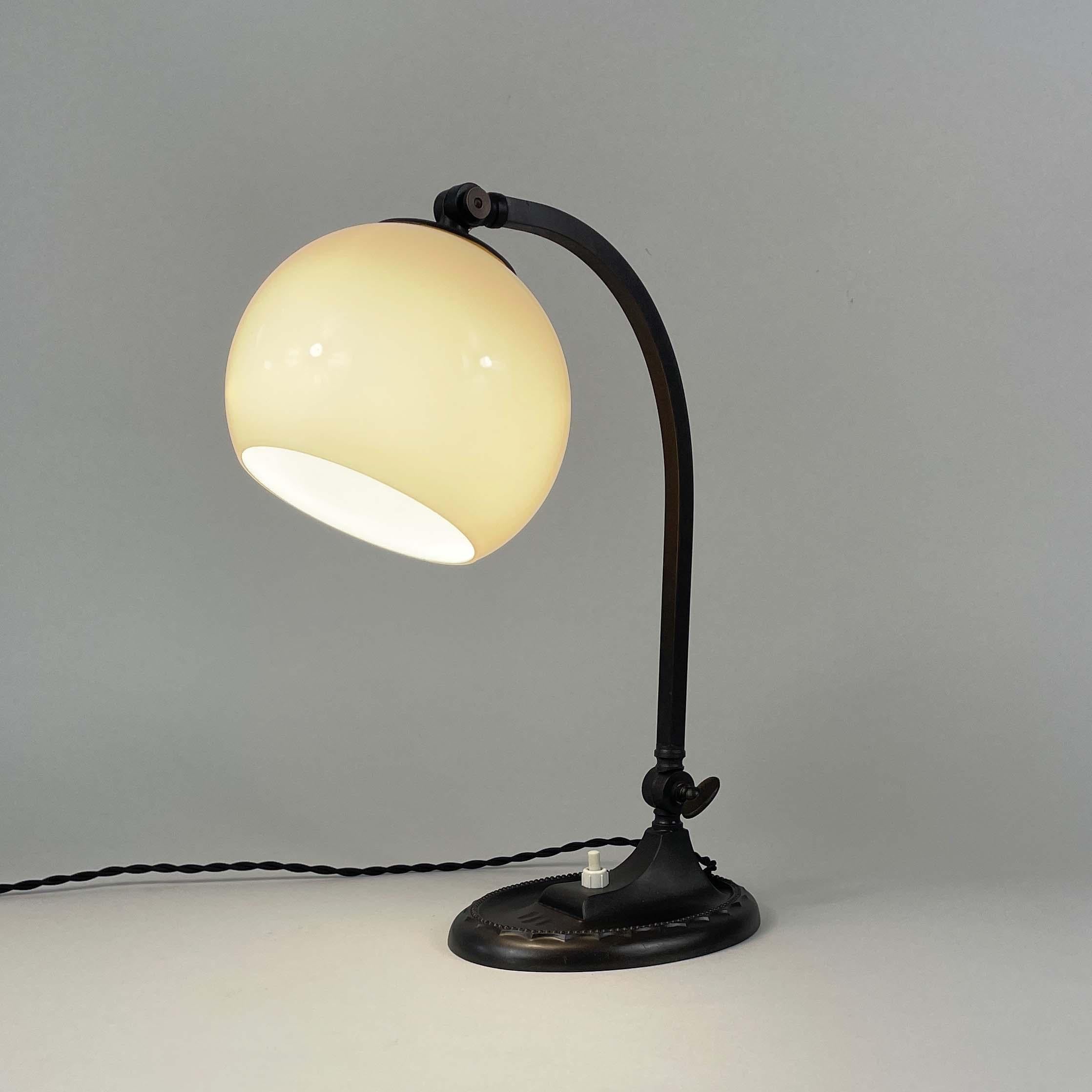 Art Deco Bronzed Metal & Opaline Glass Table Lamp, Germany 1920s to 1930s 1