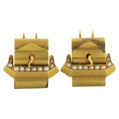 Art Deco Brooch Clips set with pearls 14k yellow gold