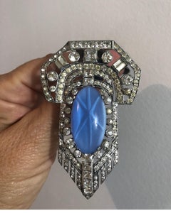 Art Deco Brooch Coat Clip Rhinestone Faux Cat's Eye Antique 1920s Necklace