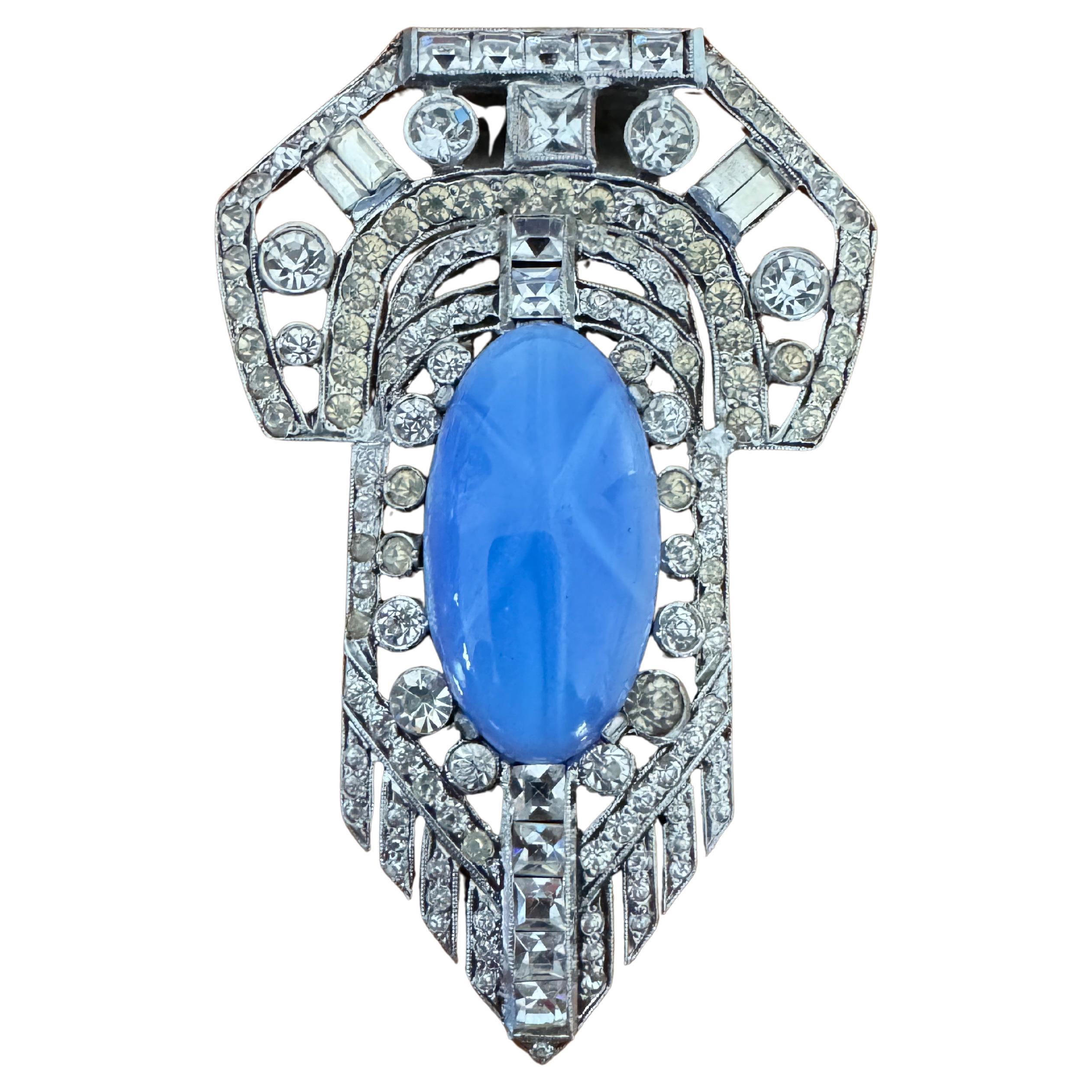 Spilla Art Deco Clip per cappotto con strass finto occhio di gatto Collana antica anni '20 in vendita