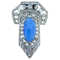 Art Deco Brooch Coat Clip Rhinestone Faux Cat's Eye Antique 1920s Necklace